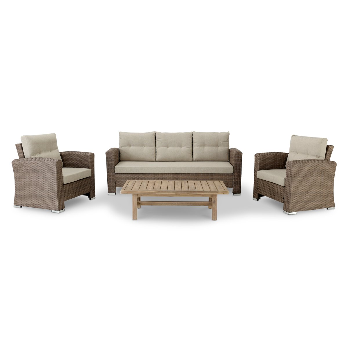 Salon de jardin 5 places, BOLONIA & SIENA rotin synthétique beige-marron, coussins beige, DEFORA HOME