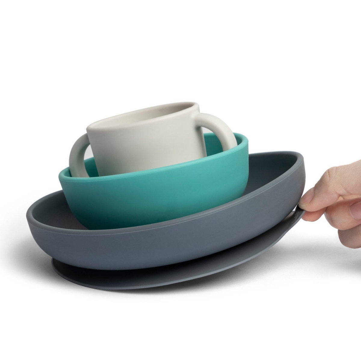 Coffret Repas bébé 4 pièces en silicone BAMBINO bleu lagon, EKOBO