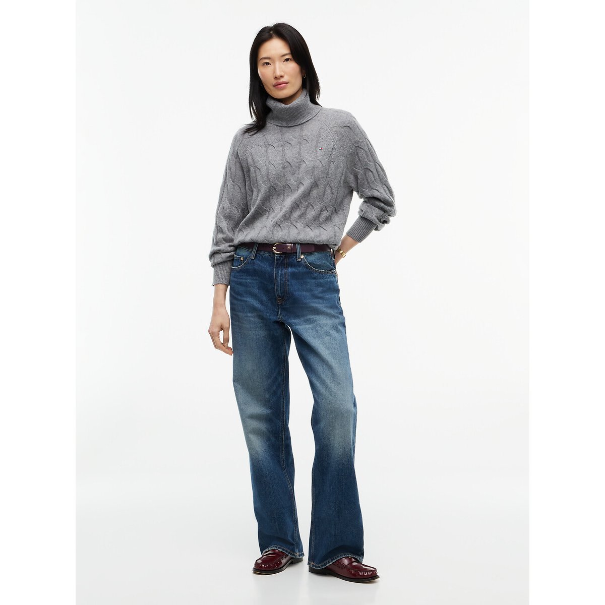 Pull torsadé à col roulé en laine gris chiné, TOMMY HILFIGER