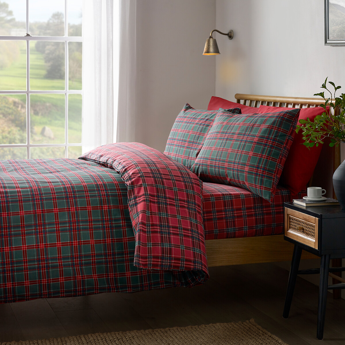 Tartan Check Reversible Duvet Cover and Pillowcase Set red/green, CATHERINE LANSFIELD