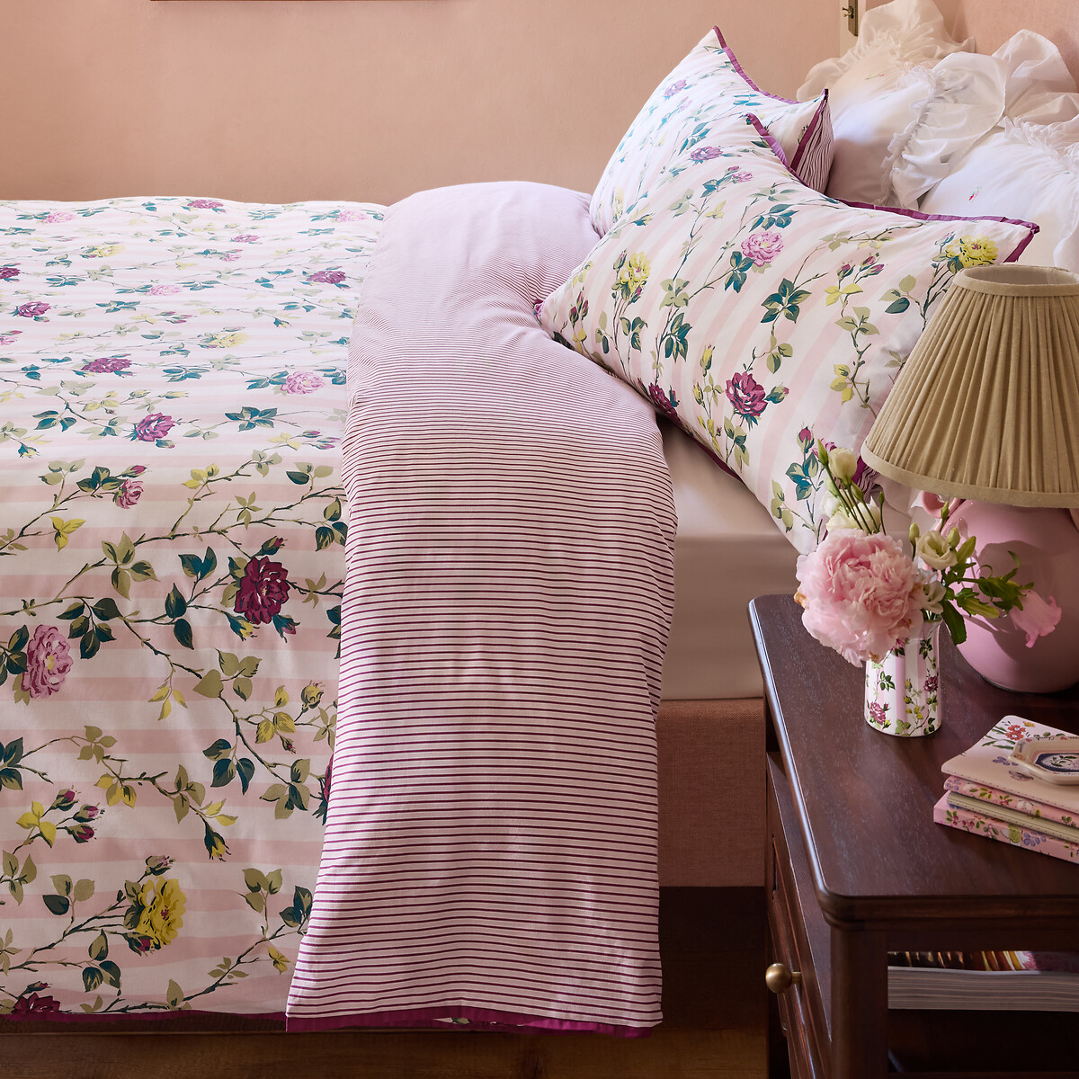 Climbing Rose Stripe Reversible Cotton Duvet Cover and Pillowcase Set pink, CATH KIDSTON