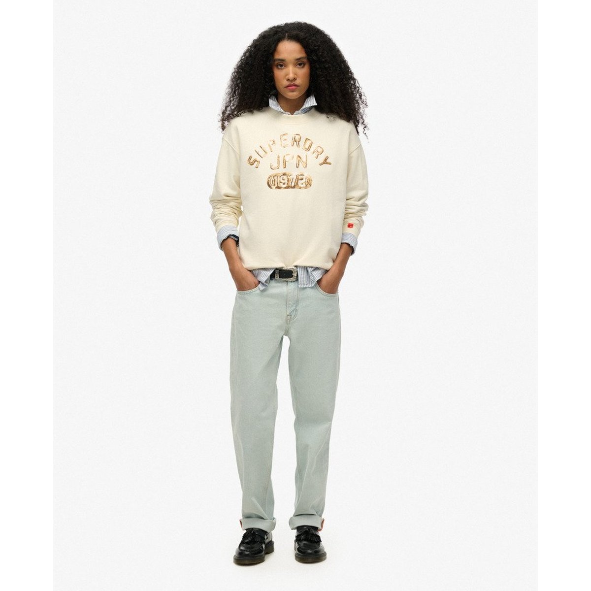 Sweat ras-du-cou ample embelli Varsity crème, SUPERDRY