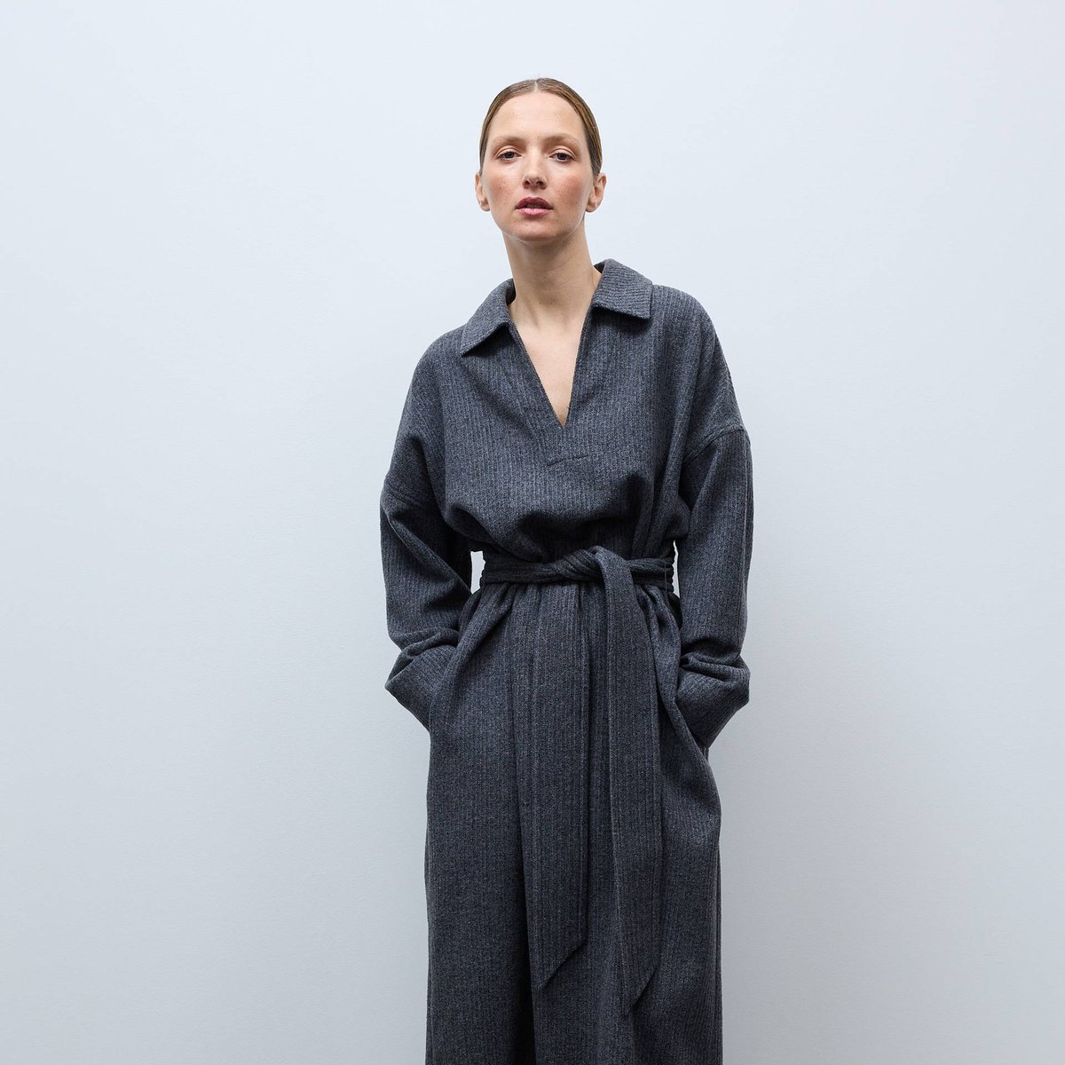 Robe longues avec ceinture unie contenant de la laine requin, MONOPRIX