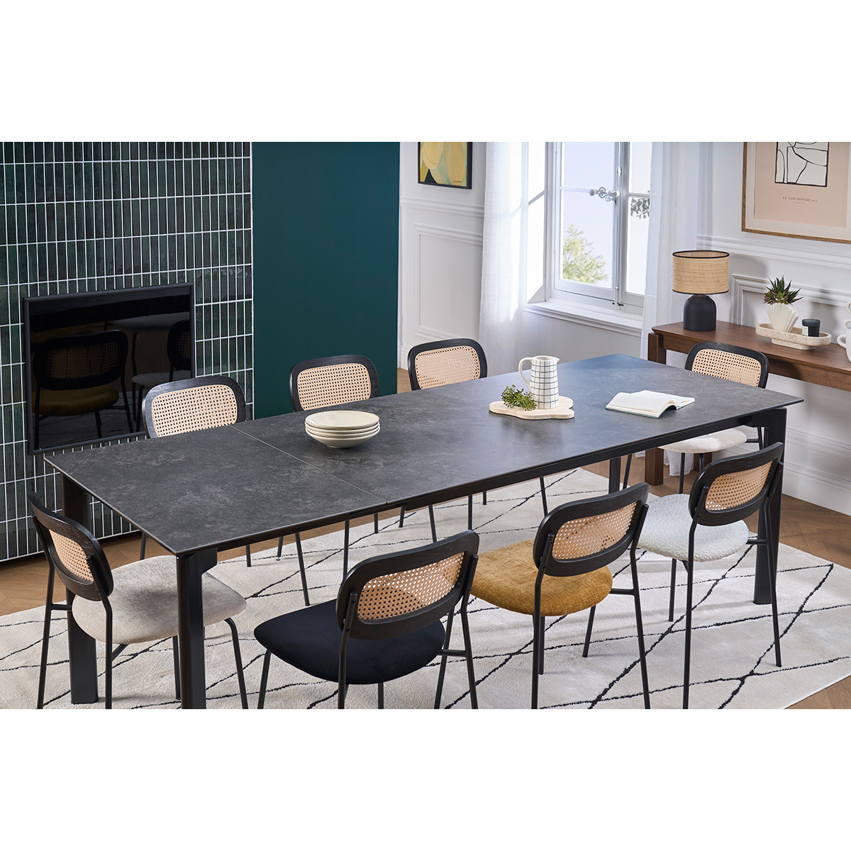 Table à manger extensible en céramique noire et métal L180-240 cm CARA noir, MILIBOO