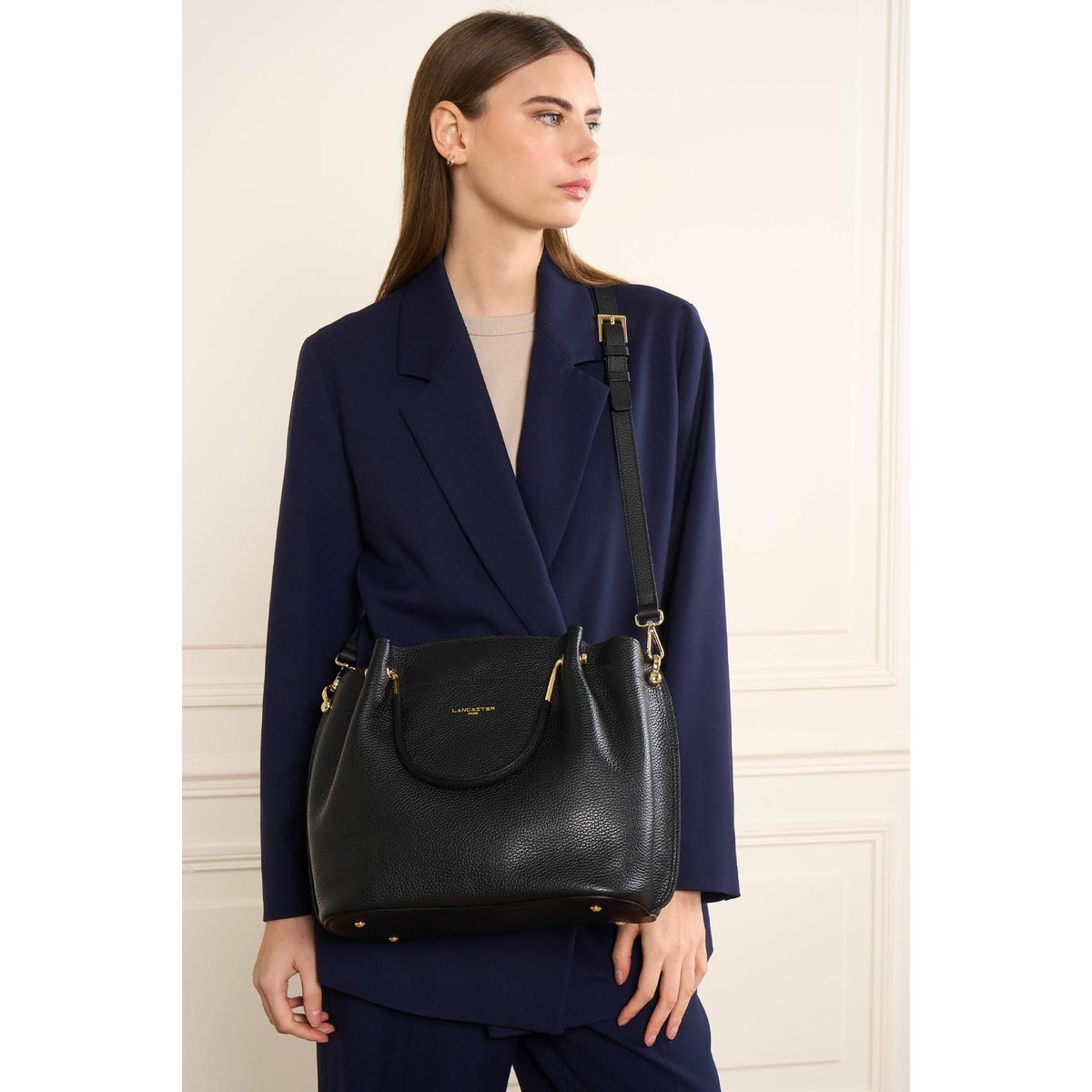 Sac à main zippé L en cuir, FOULONNE DOUBLE LOUISA noir - in - nude, LANCASTER
