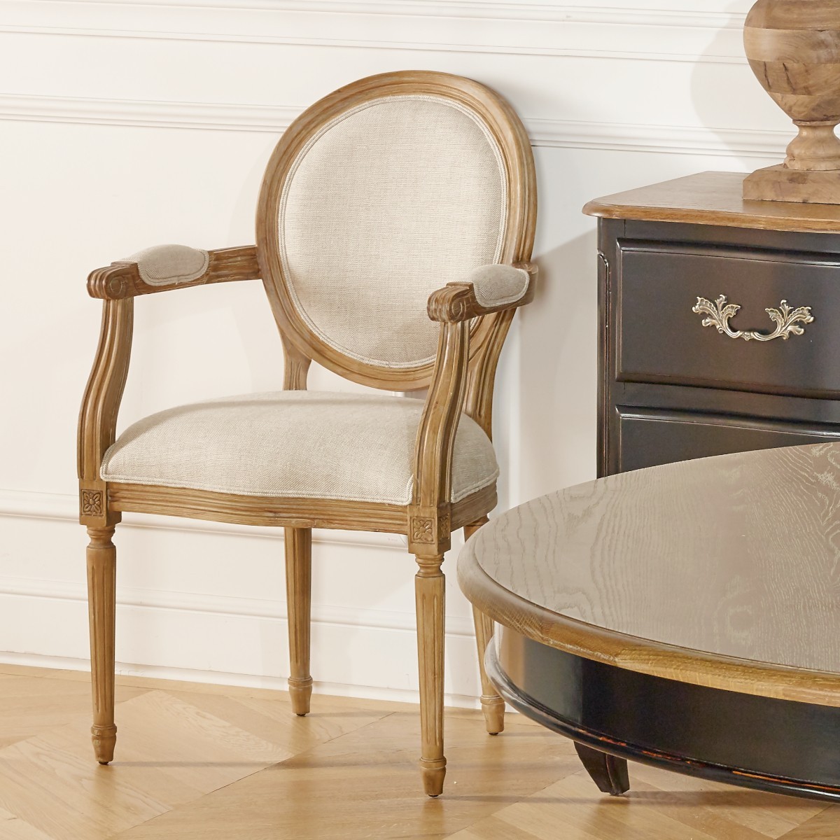Fauteuil de table style classique en hévéa et lin premium MEDAILLON lin, ROBIN DES BOIS