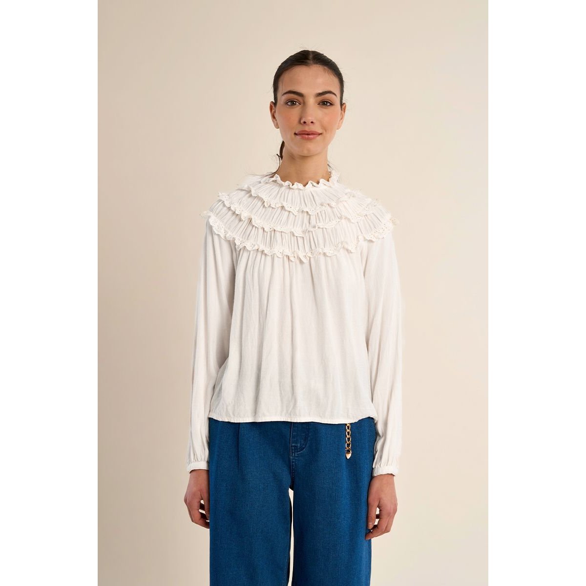 Blouse droite à volants brodés cream, MOLLY BRACKEN
