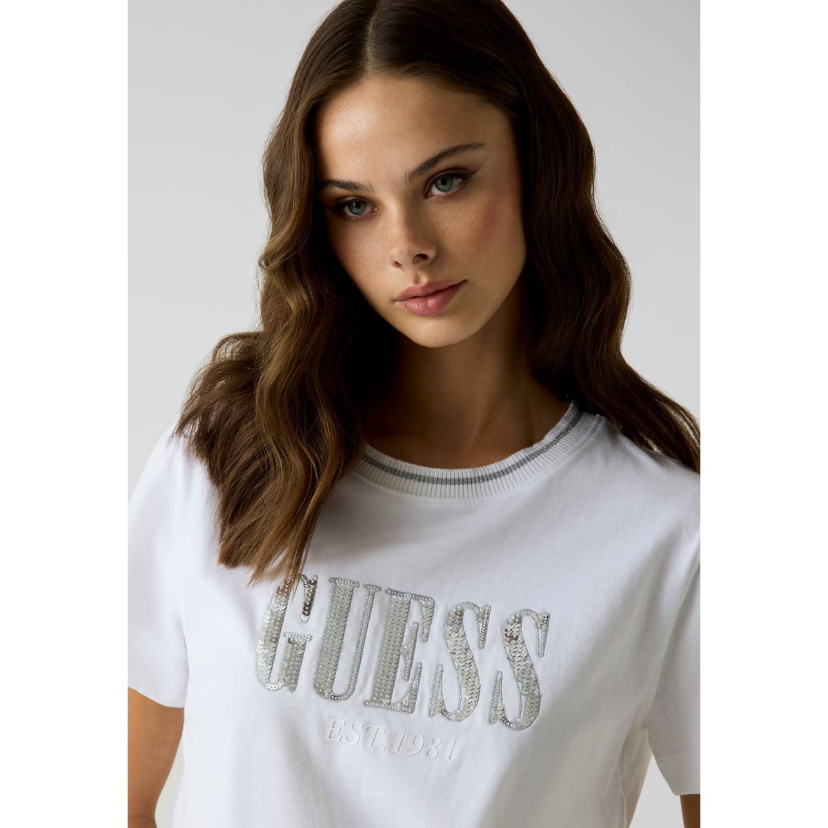 T-Shirt Avec Logo En Sequins blanc, GUESS