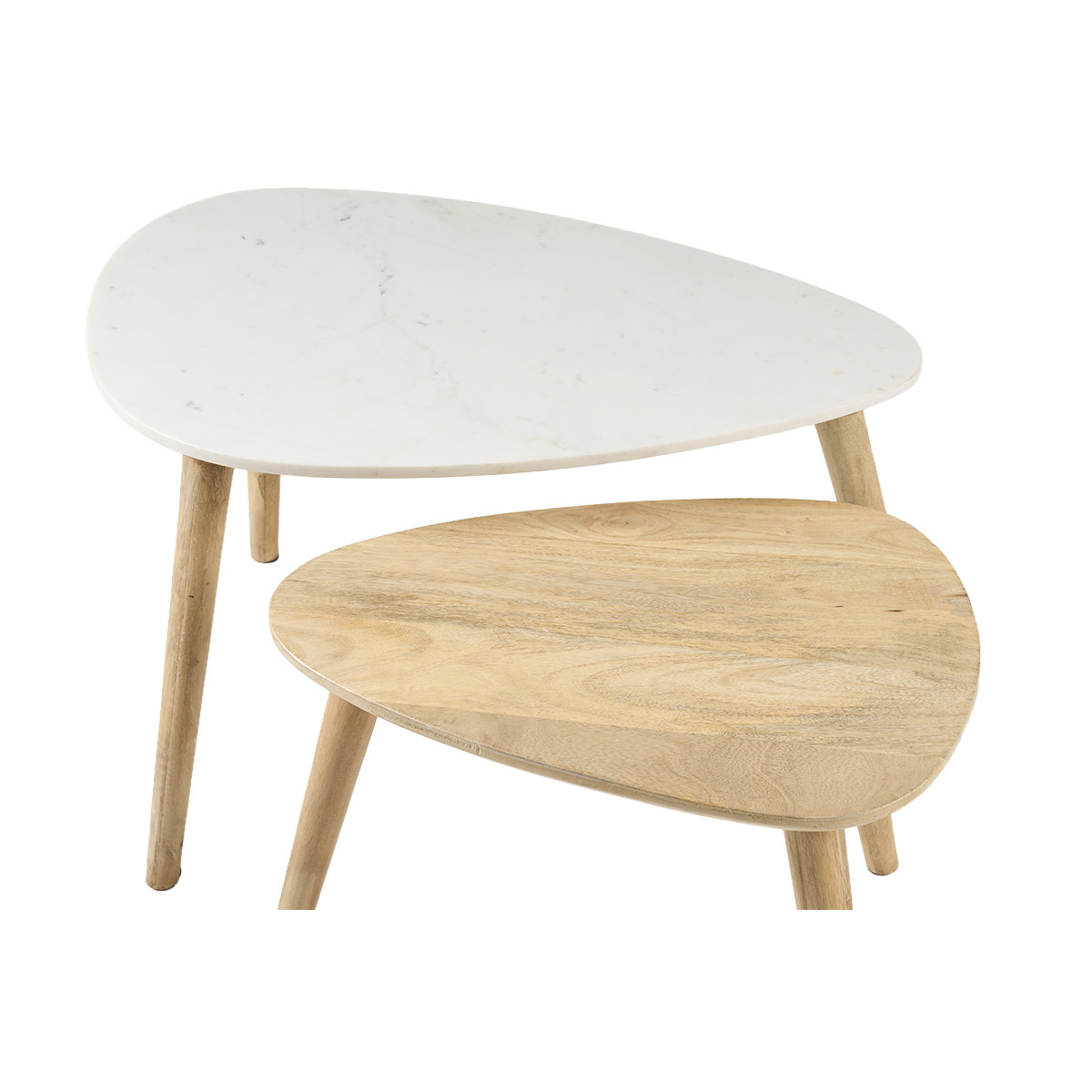 Tables basses gigognes marbre blanc et bois manguier massif (lot de 2) EVY naturel, MILIBOO