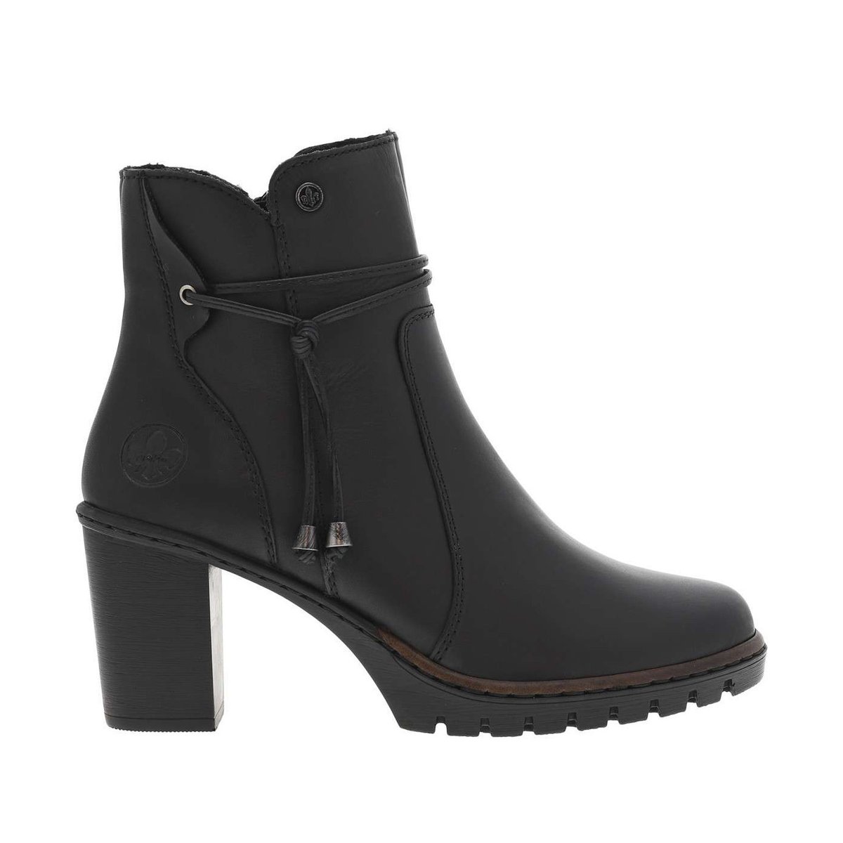 Boots à talon décroché haut, logo embossé avec zip latéral et cordon noires, RIEKER