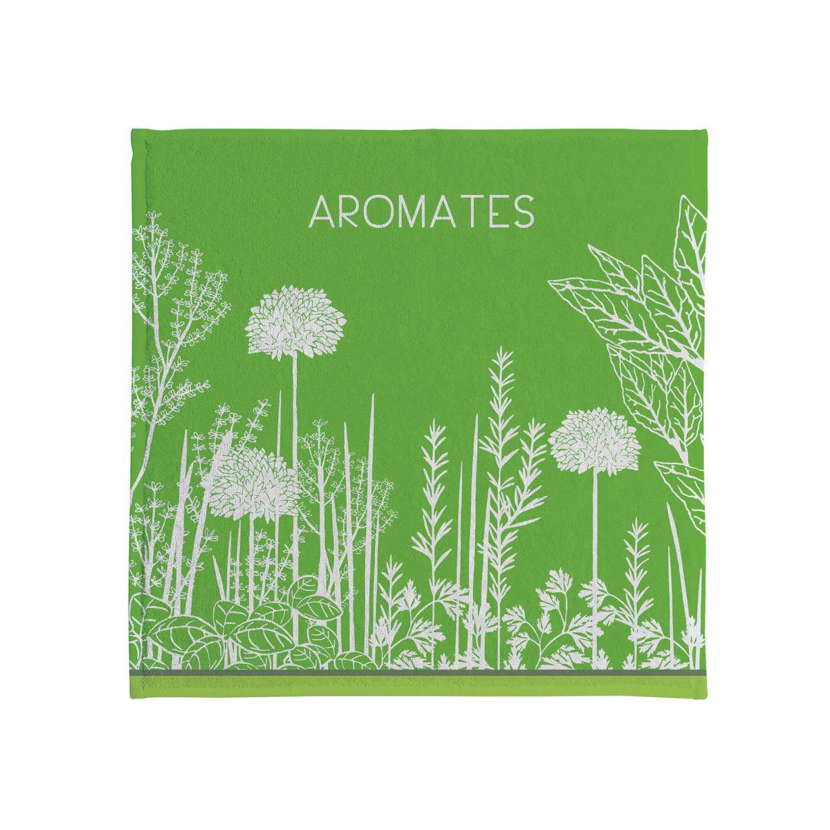 Carré éponge imprimé en jacquard de coton, AROMATES DU JARDIN vert, COUCKE