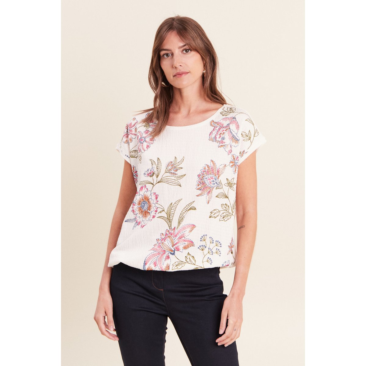 Blouse plissée col rond manches courtes ecru, BREAL