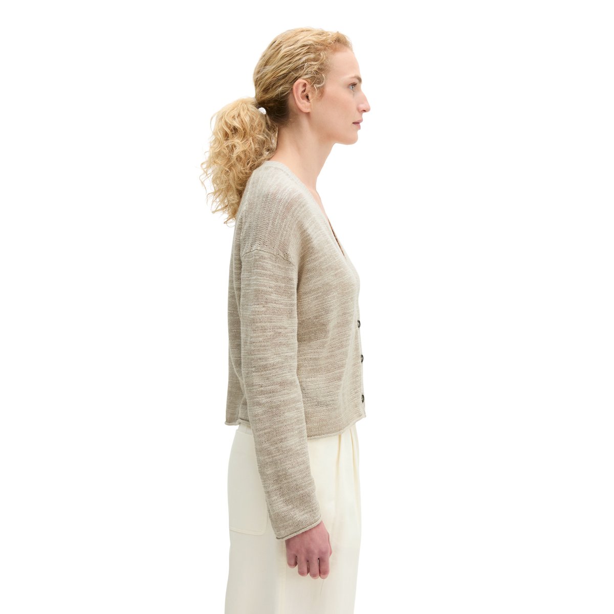 Slub-Cardigan loose en mélange de lin et de coton beige, MARC O'POLO