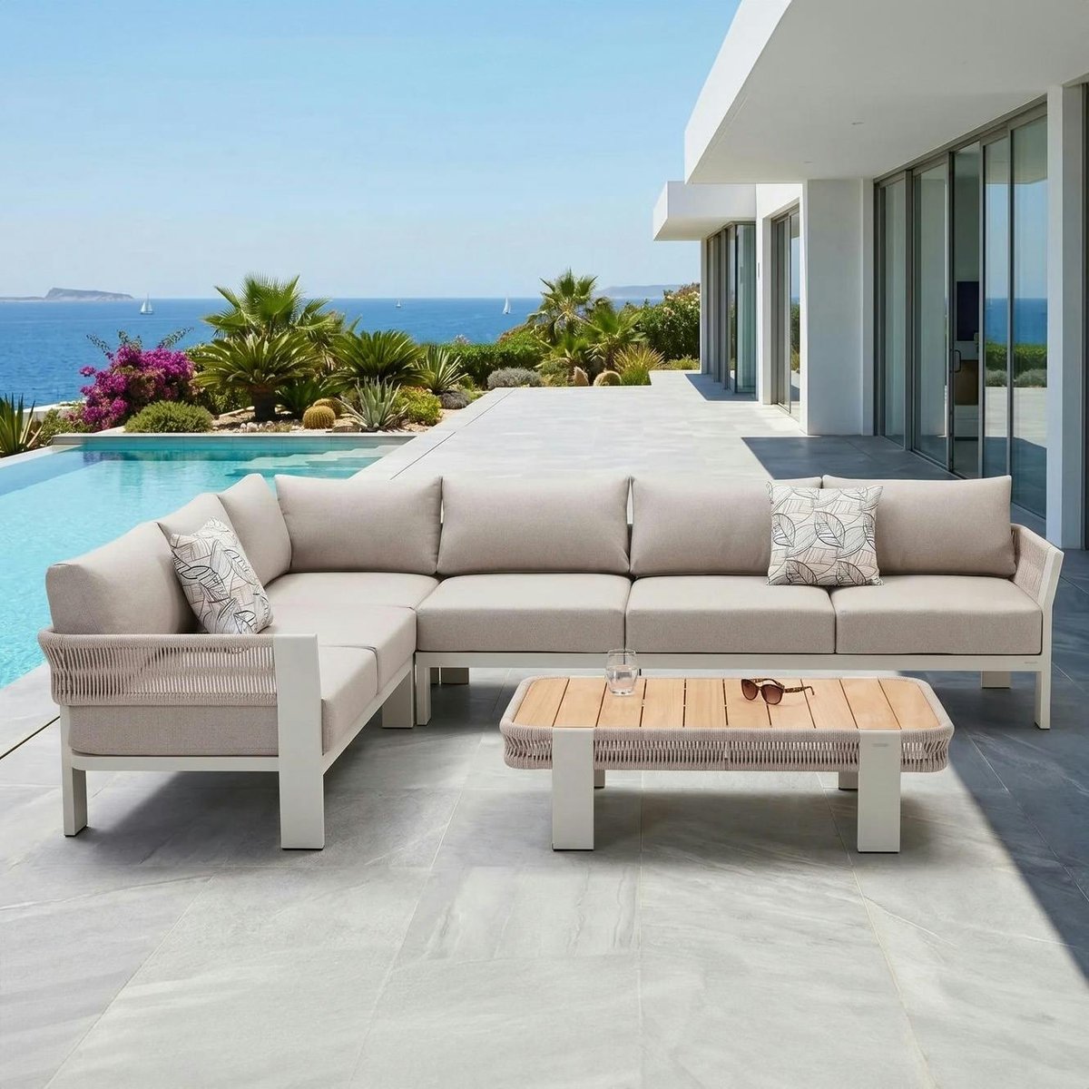 Salon de jardin 5 places, canapé d'angle + table basse BORROMEO beige, PIER IMPORT