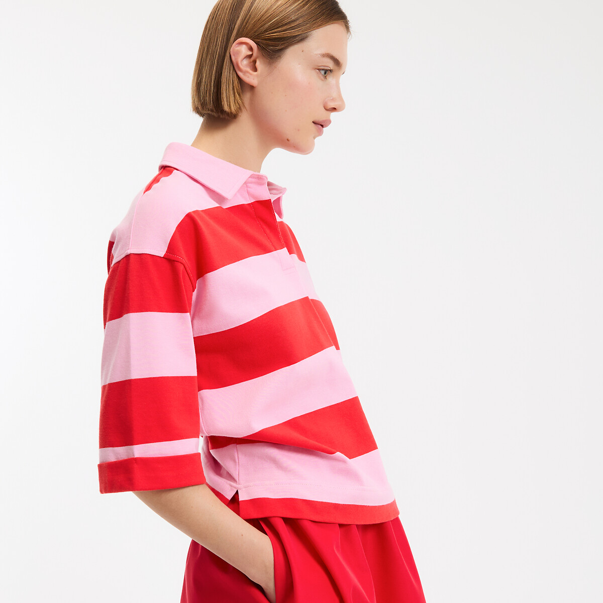 T-shirt col polo, manches courtes, à rayures rayé rose/rouge, LA REDOUTE COLLECTIONS