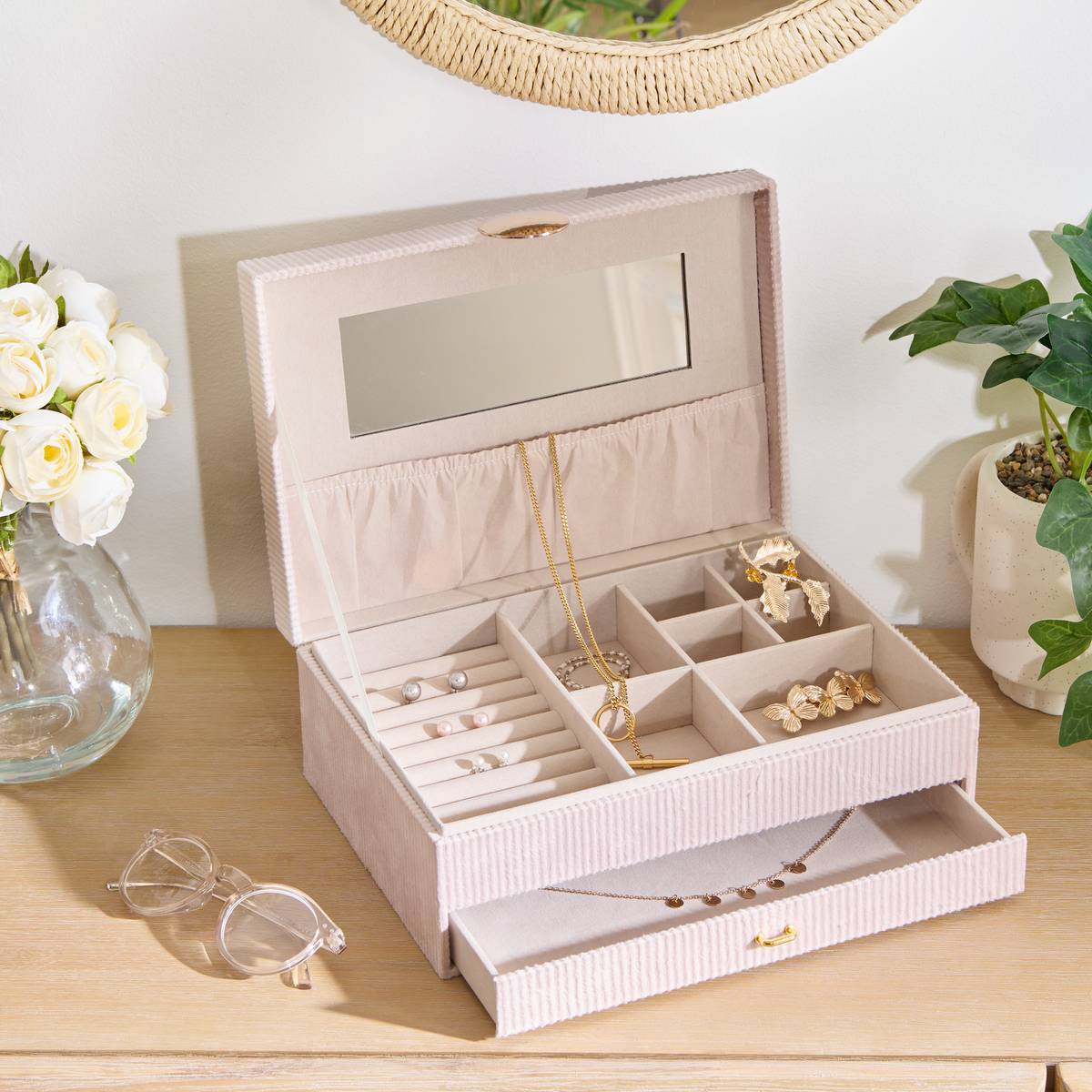 Boîte à bijoux avec miroir 27,5x ENYA beige, ATMOSPHERA