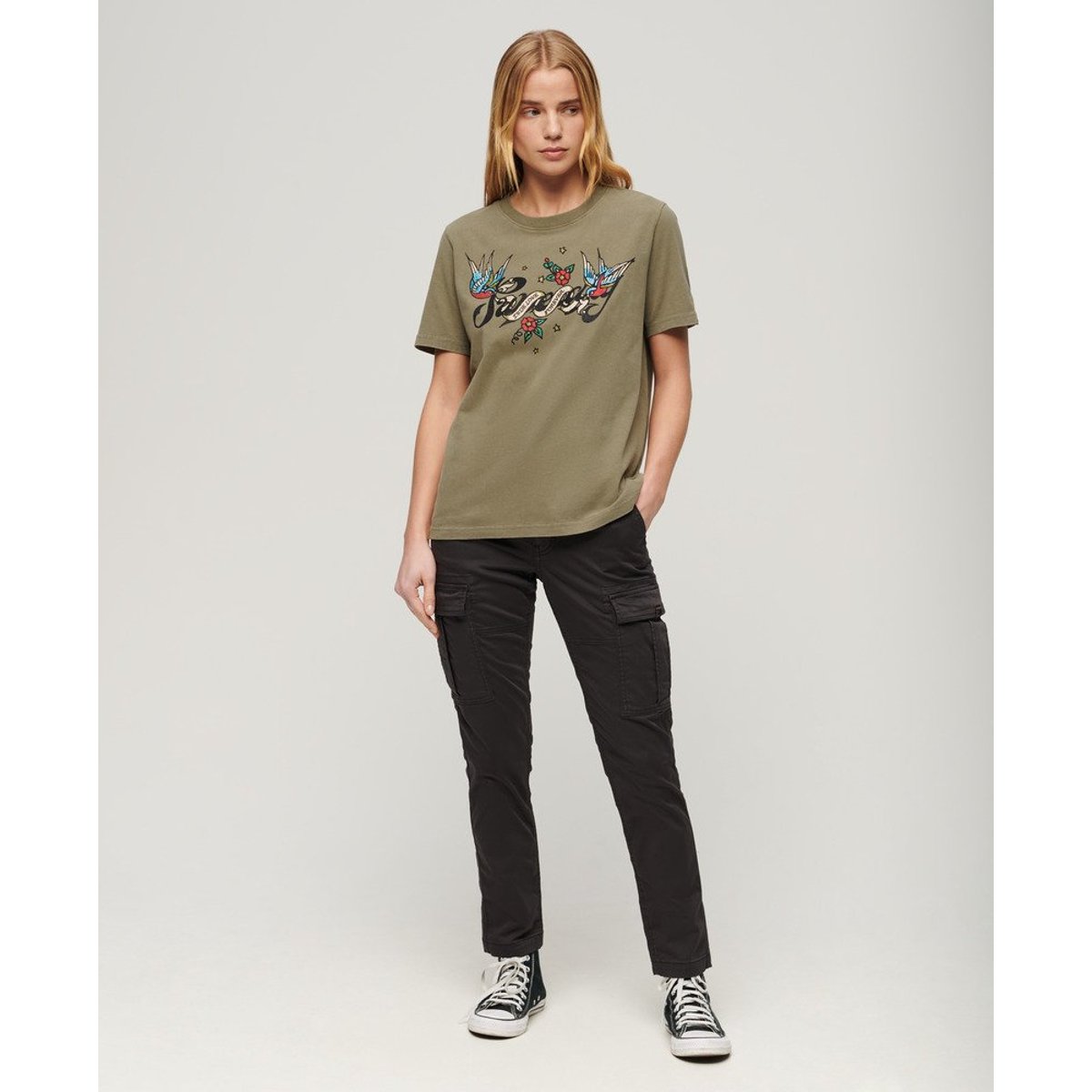 T-shirt à motif tatouage Script kaki mousse, SUPERDRY