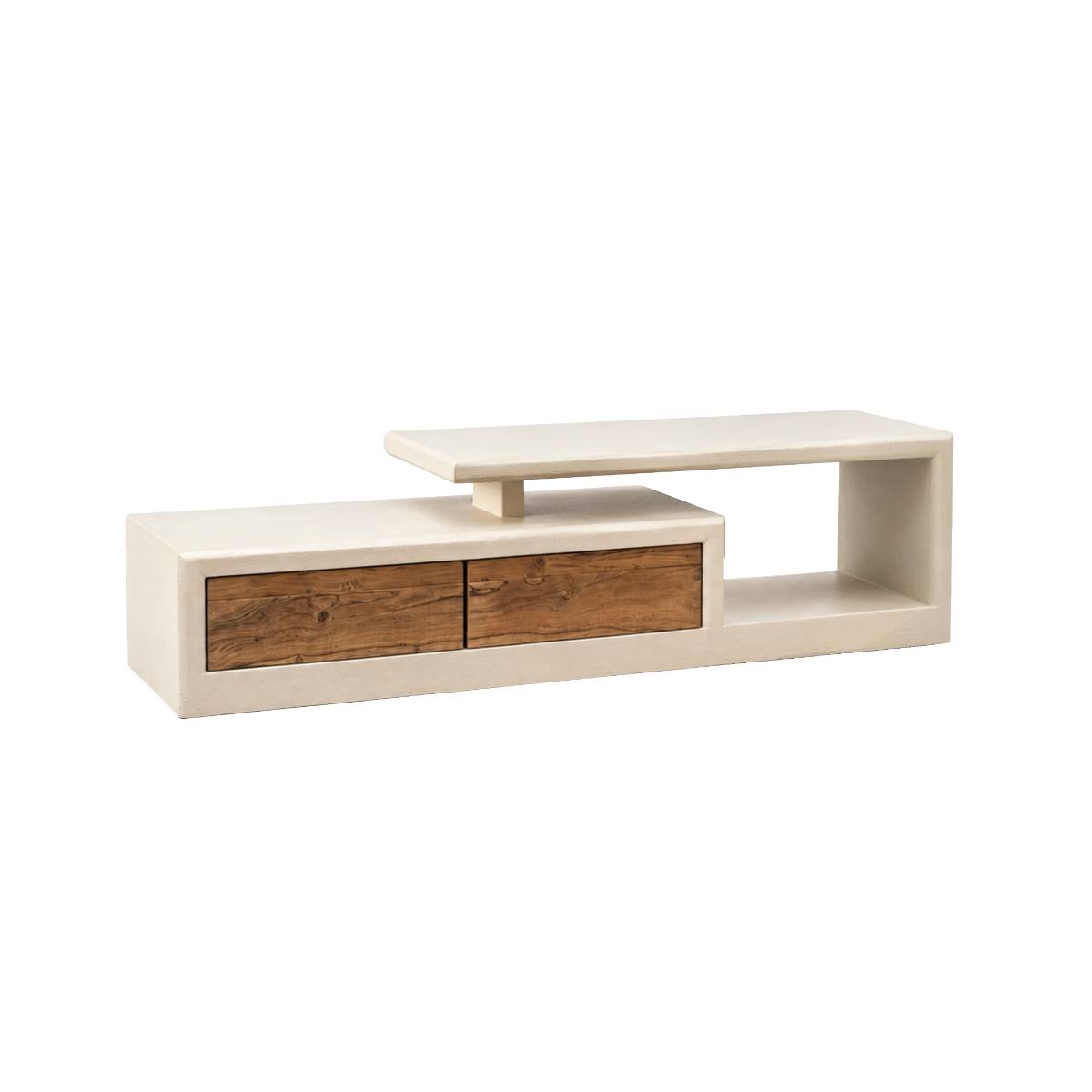 Meuble TV 2 tiroirs en bois effet béton DALVA blanc, MADE IN MEUBLES