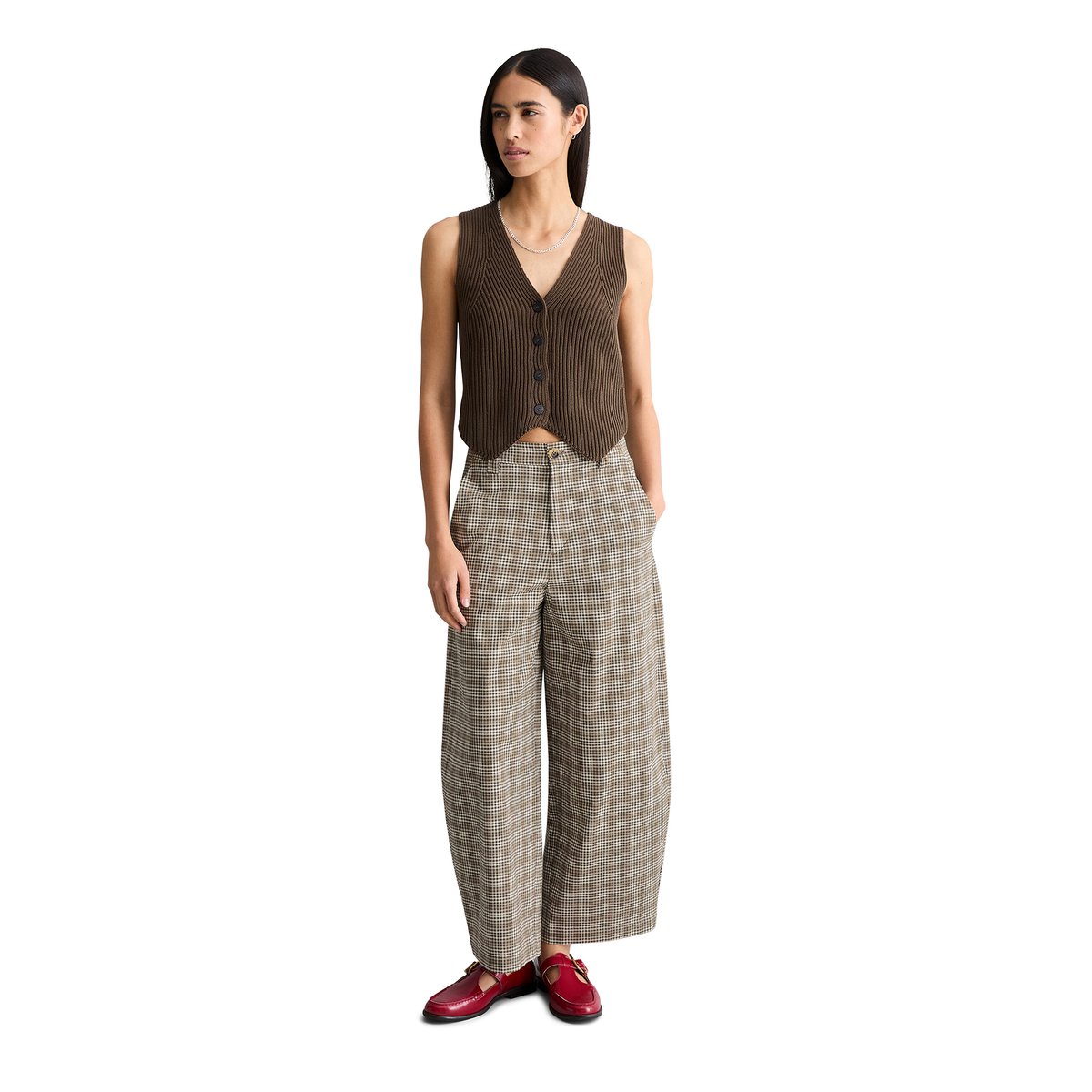 Pantalon à carreaux loose en mélange coton organique-lin dunkelbraun, MARC O’POLO DENIM