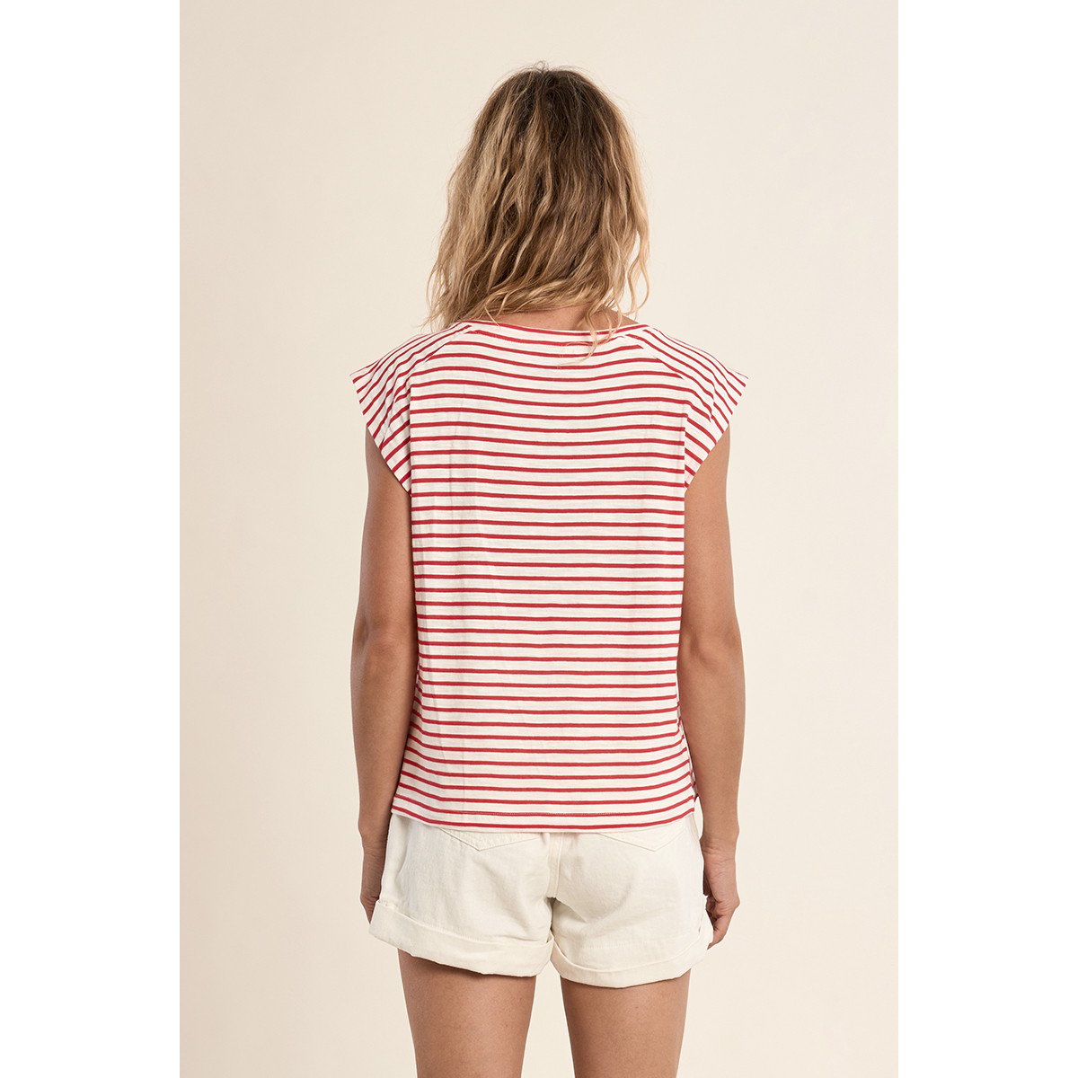 T-shirt marinière en coton avec boutons dorés rouge, MOLLY BRACKEN