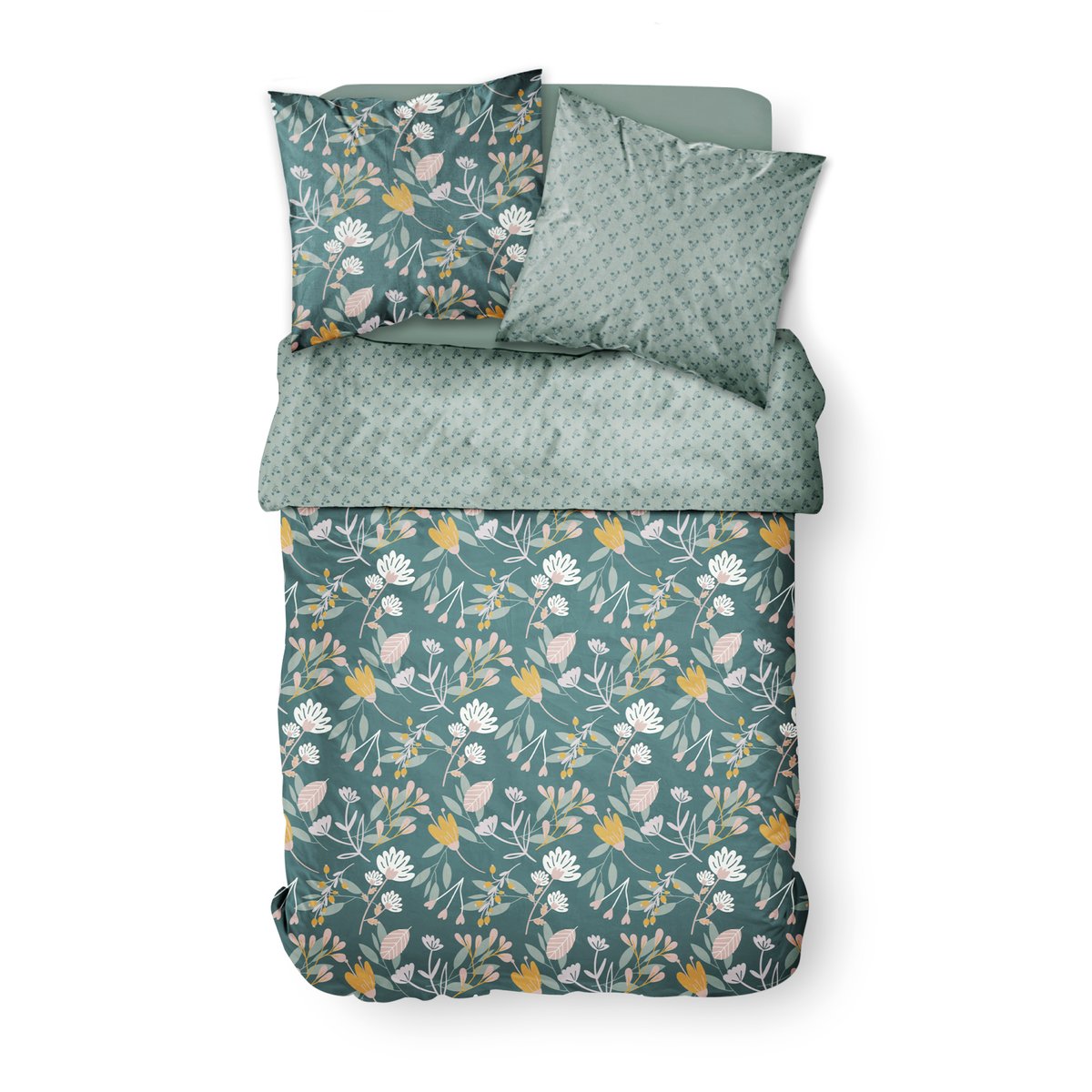 Parure de lit 2 personnes imprimé coton SUNSHINE HORTENSE bleu, TODAY