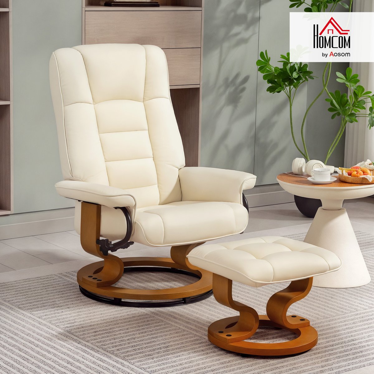 Fauteuil inclinable avec repose-pieds crème, bois naturel, HOMCOM