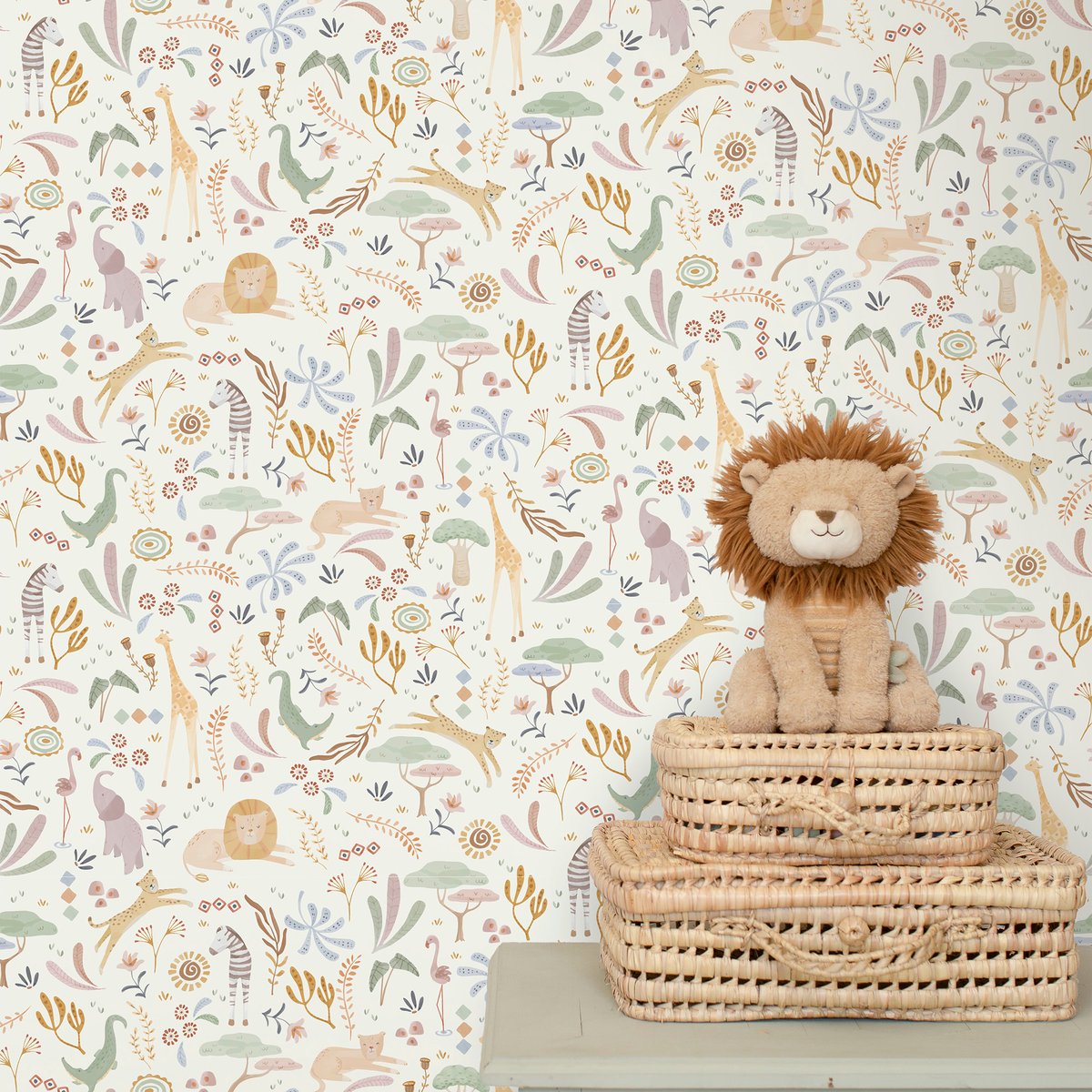 Papier peint fleuri pour enfant Petits animaux de la savanne multicolore, LITTLE DUTCH