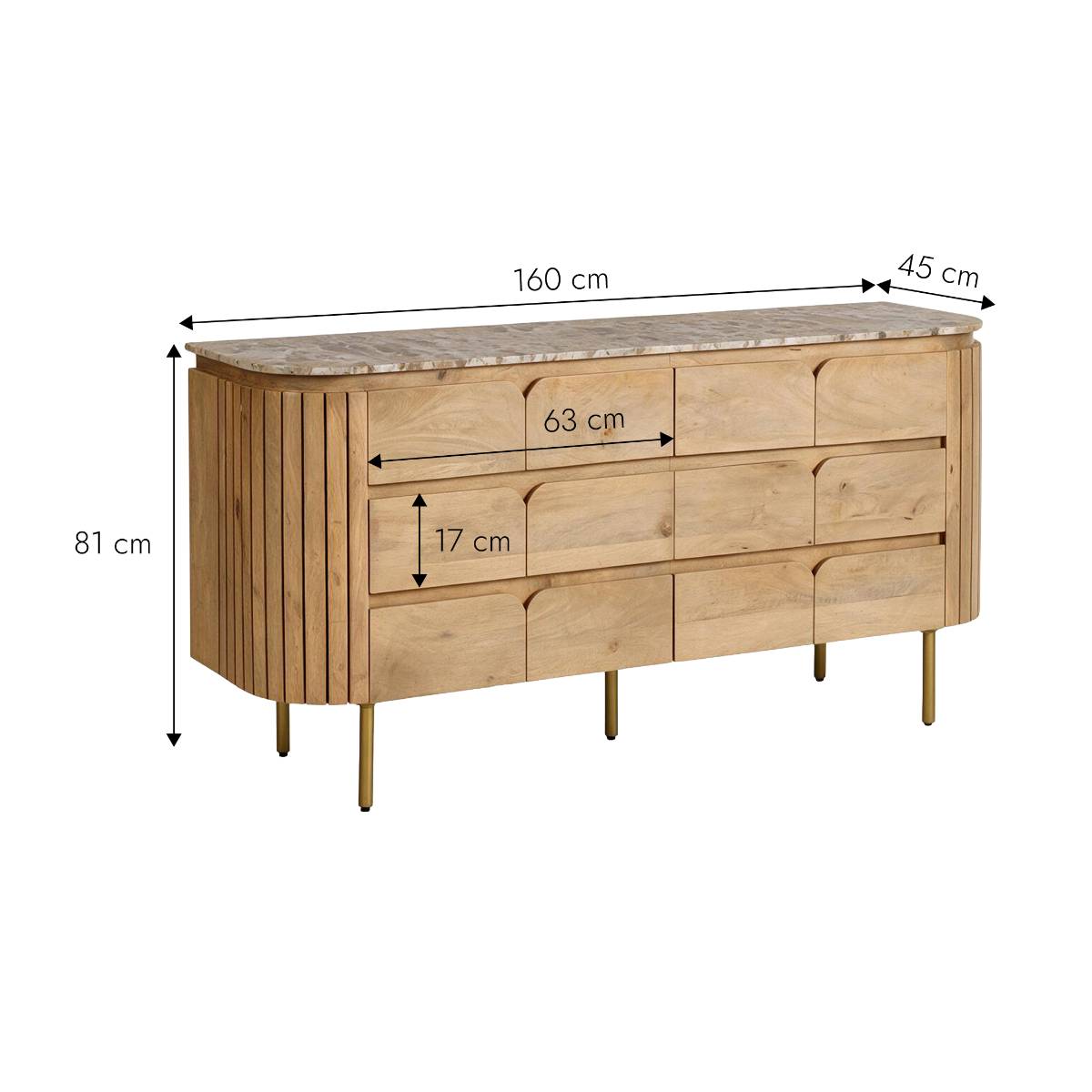 Commode 6 tiroirs en marbre et bois de manguier CYRENE bois clair, MADE IN MEUBLES
