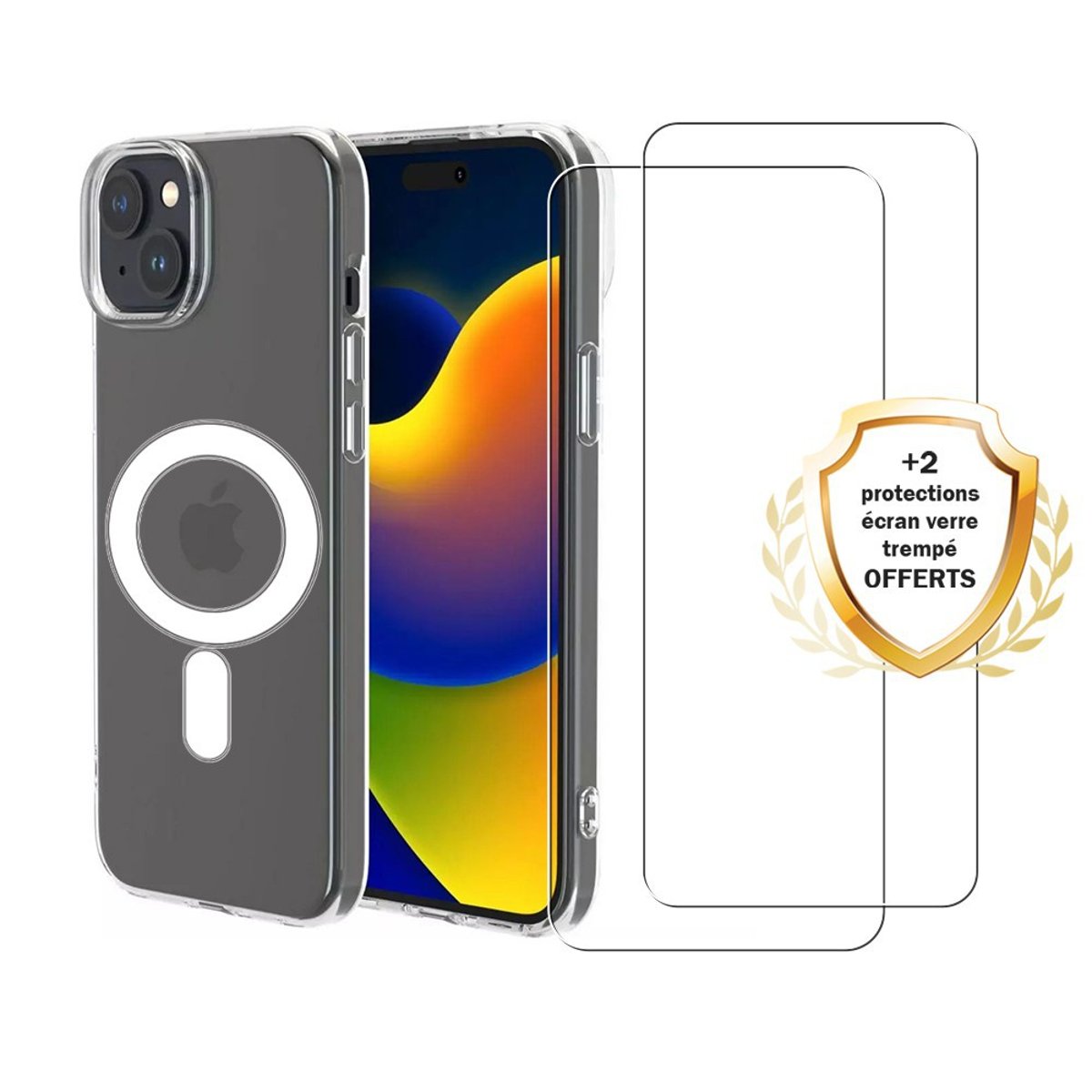 Coque Anti-choc compatible Magsafe pour iPhone 15 Plus Transparente + 2 vitres transparent, EVETANE
