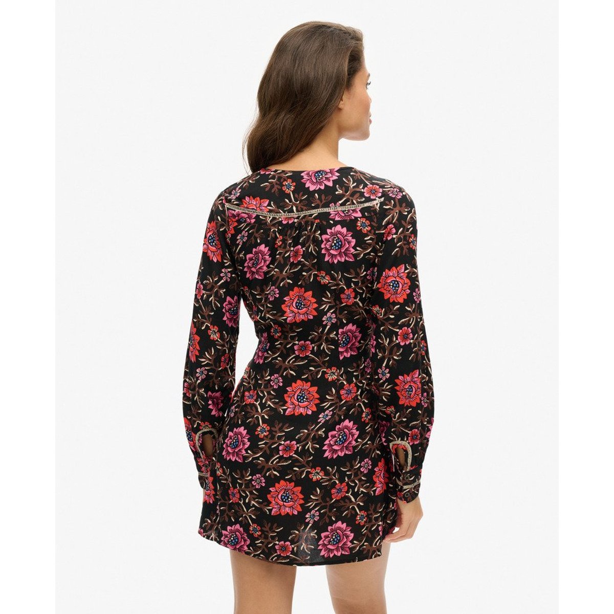 Robe courte fluide imprimée à col V marron fleuri mori, SUPERDRY