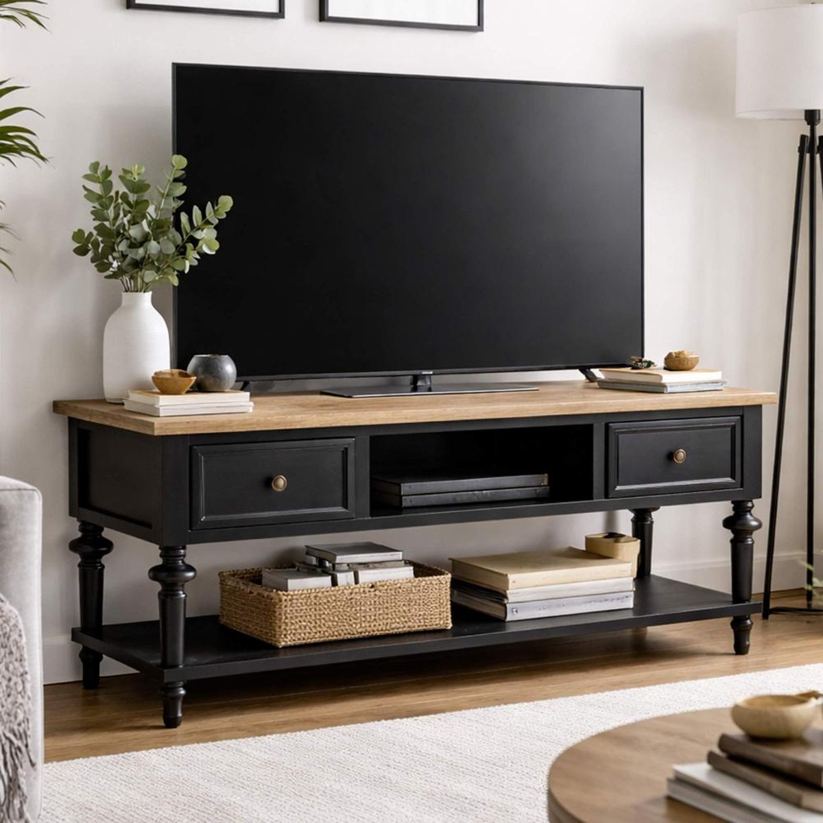Meuble TV 2 tiroirs en bois massif L120 cm New Légende multicolore, AMADEUS