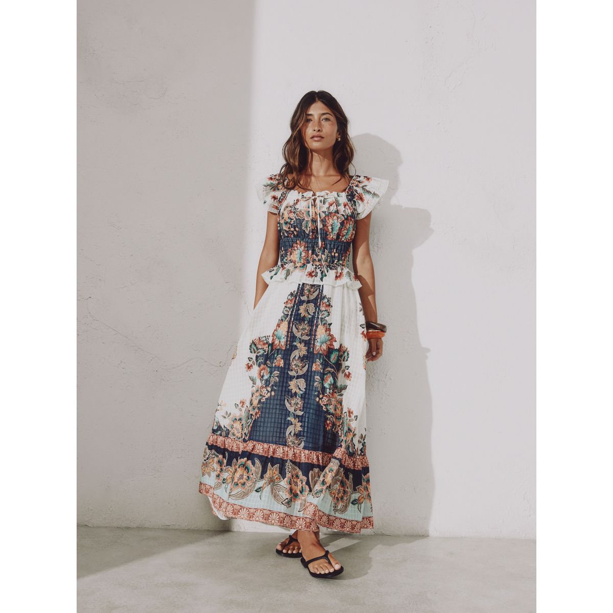 Robe à col carré et manches évasées bleu marine/pêche à motifs floraux, NEXT