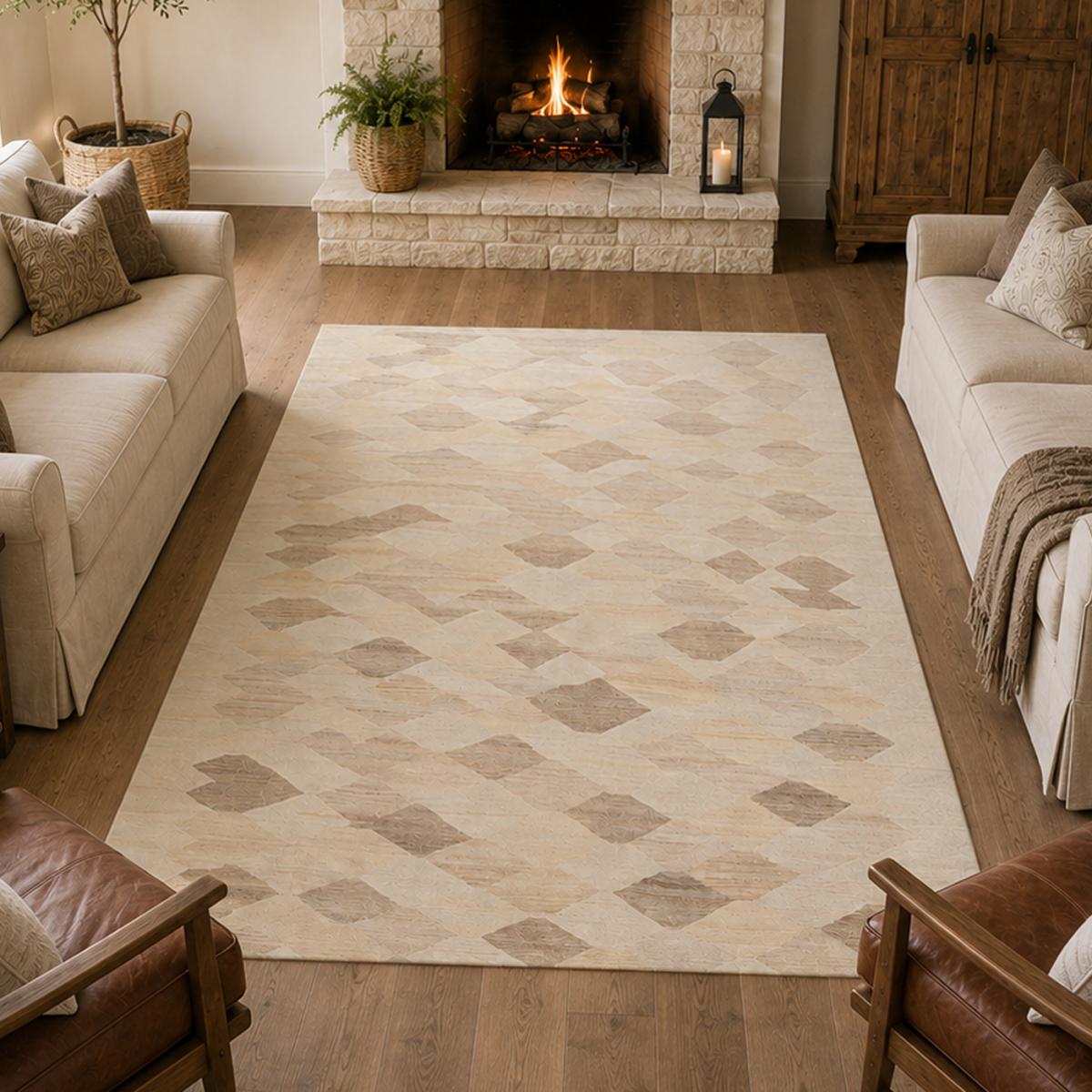 Tapis kilim, motif géométrique authentique, tissé plat, KELIM KU 4 crème, beige, UN AMOUR DE TAPIS