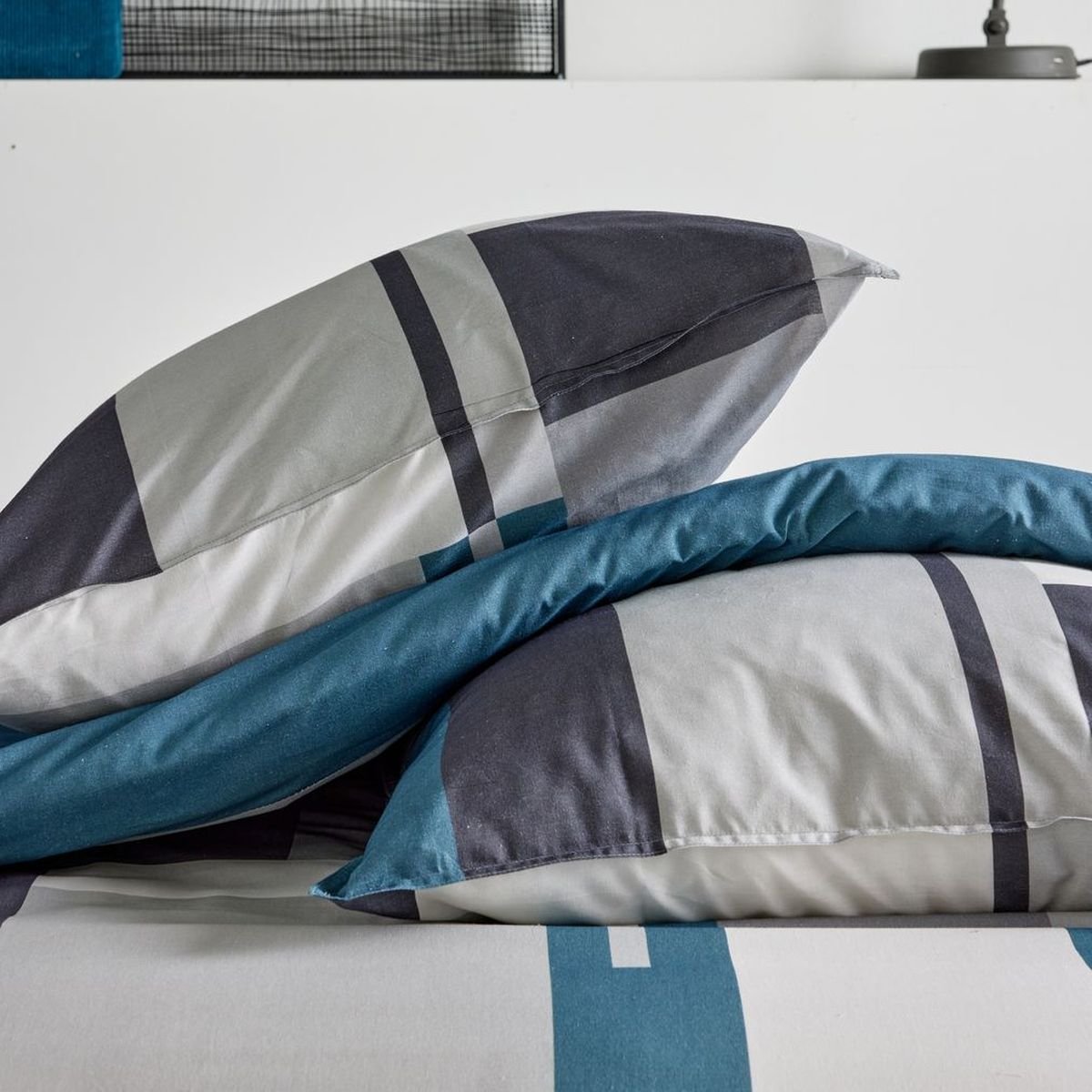 Parure de lit imprimé Graphique coton SUNSHINE CARL bleu, TODAY