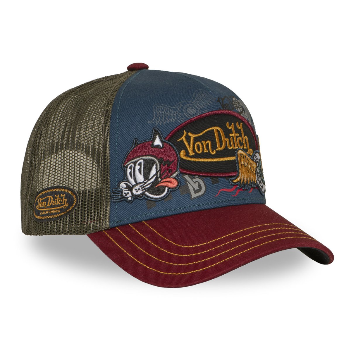 Casquette Trucker Patches bordeaux/bleu foncé/kaki foncé, VON DUTCH
