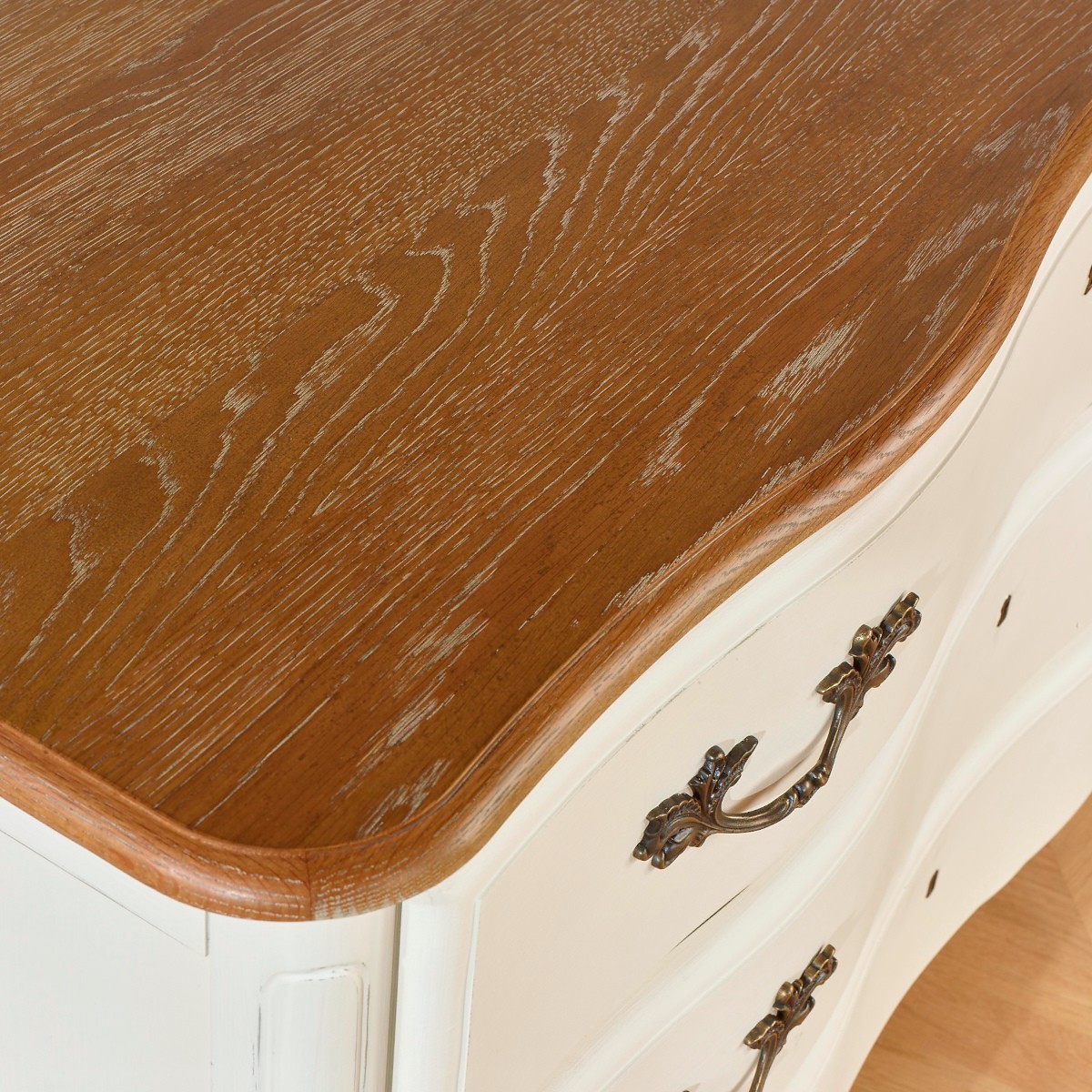 Commode style shabby chic, plateau chêne, 3 tiroirs SERRENA blanc, ROBIN DES BOIS
