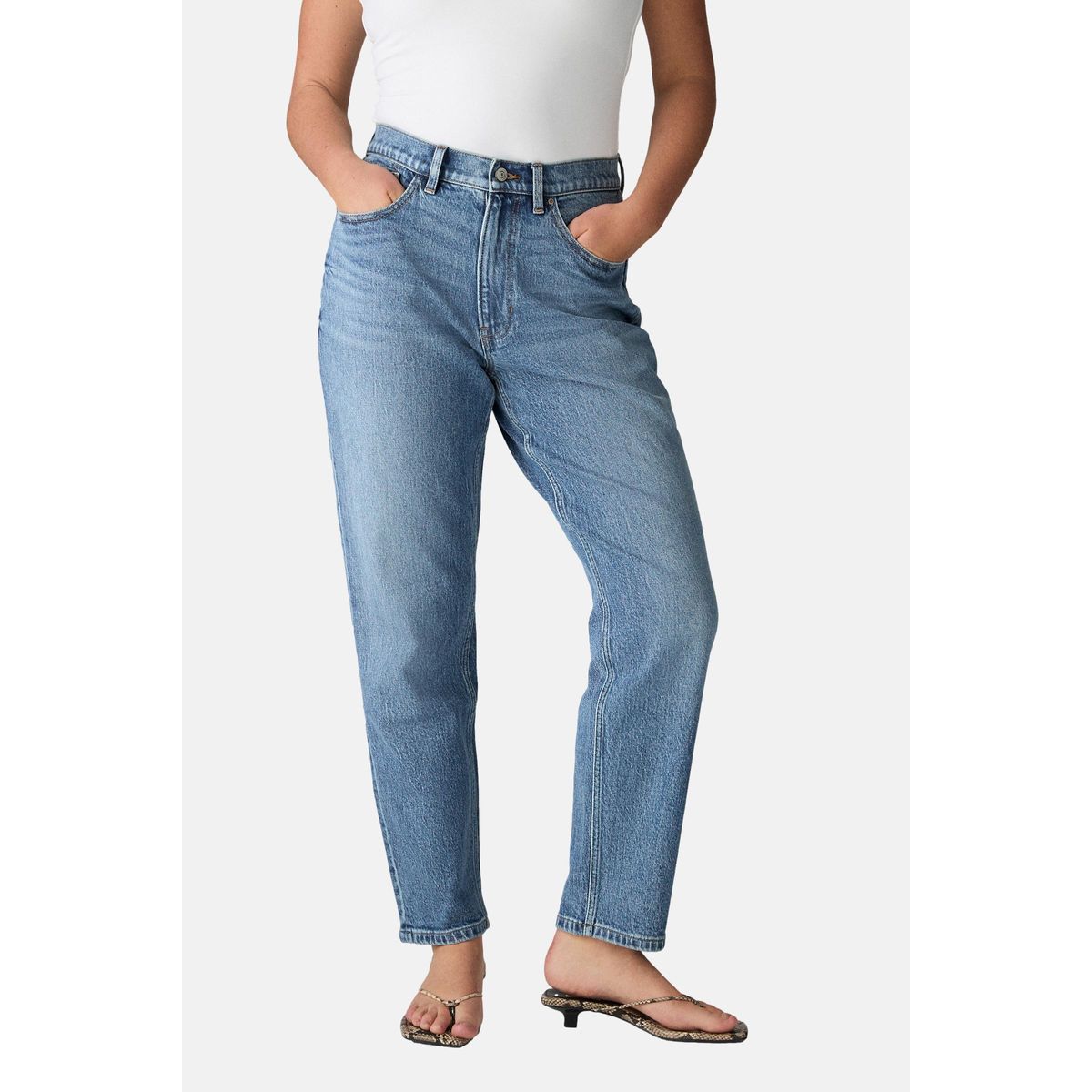 Jean mom stretch confortable coupe sablier bleu moyen, NEXT