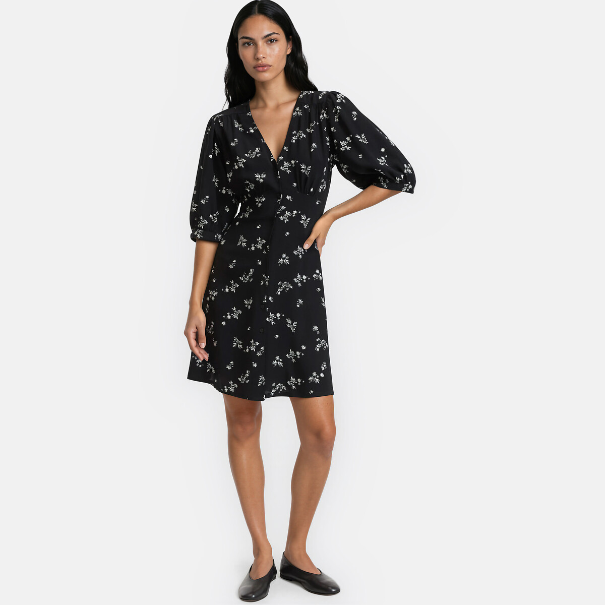 Robe courte et droite, imprimé floral, manches courtes imprimé fond noir, LA REDOUTE COLLECTIONS