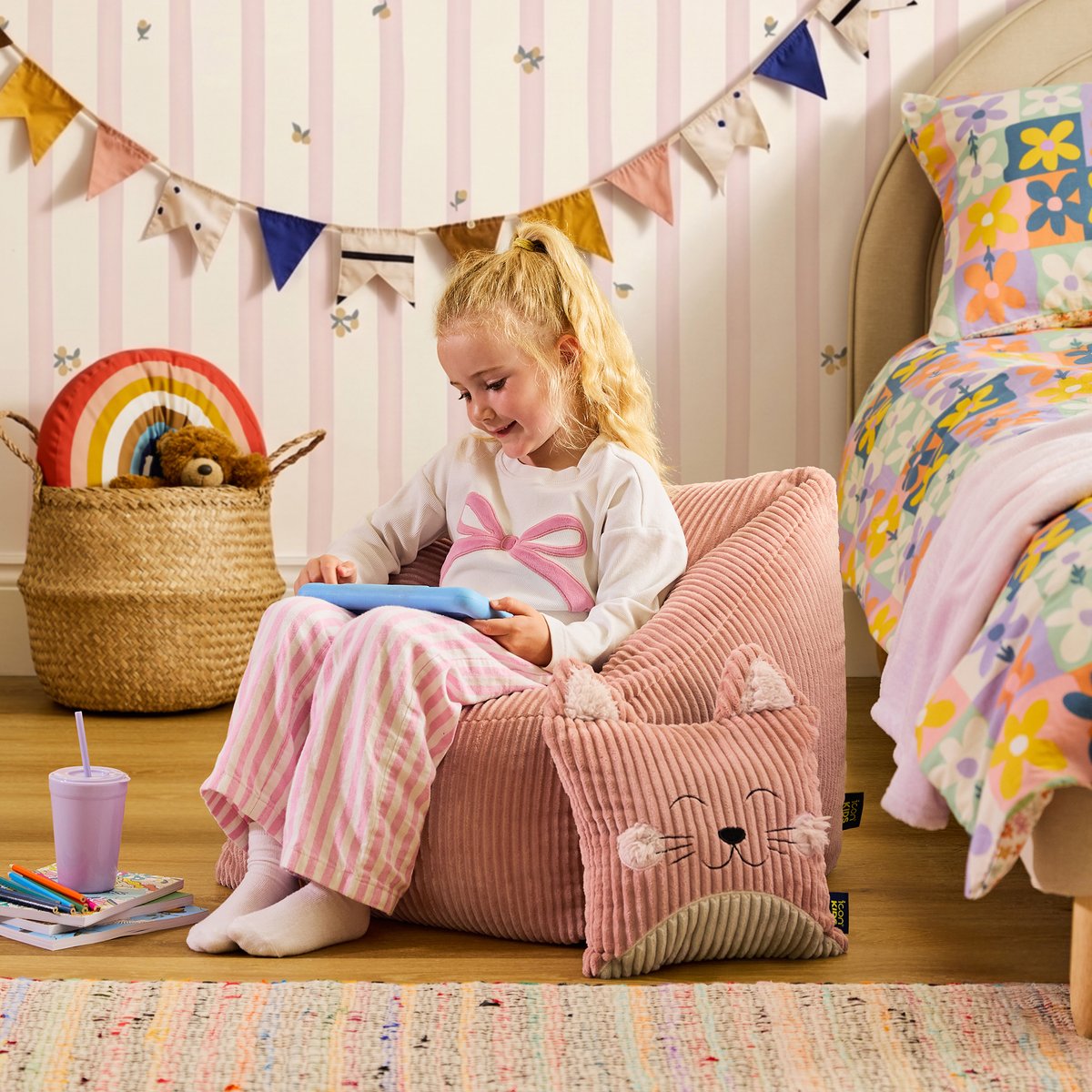 Pouf fauteuil enfant avec coussin animal en velours côtelé Oeko-Tex® - NATALIA rose chat, ICON