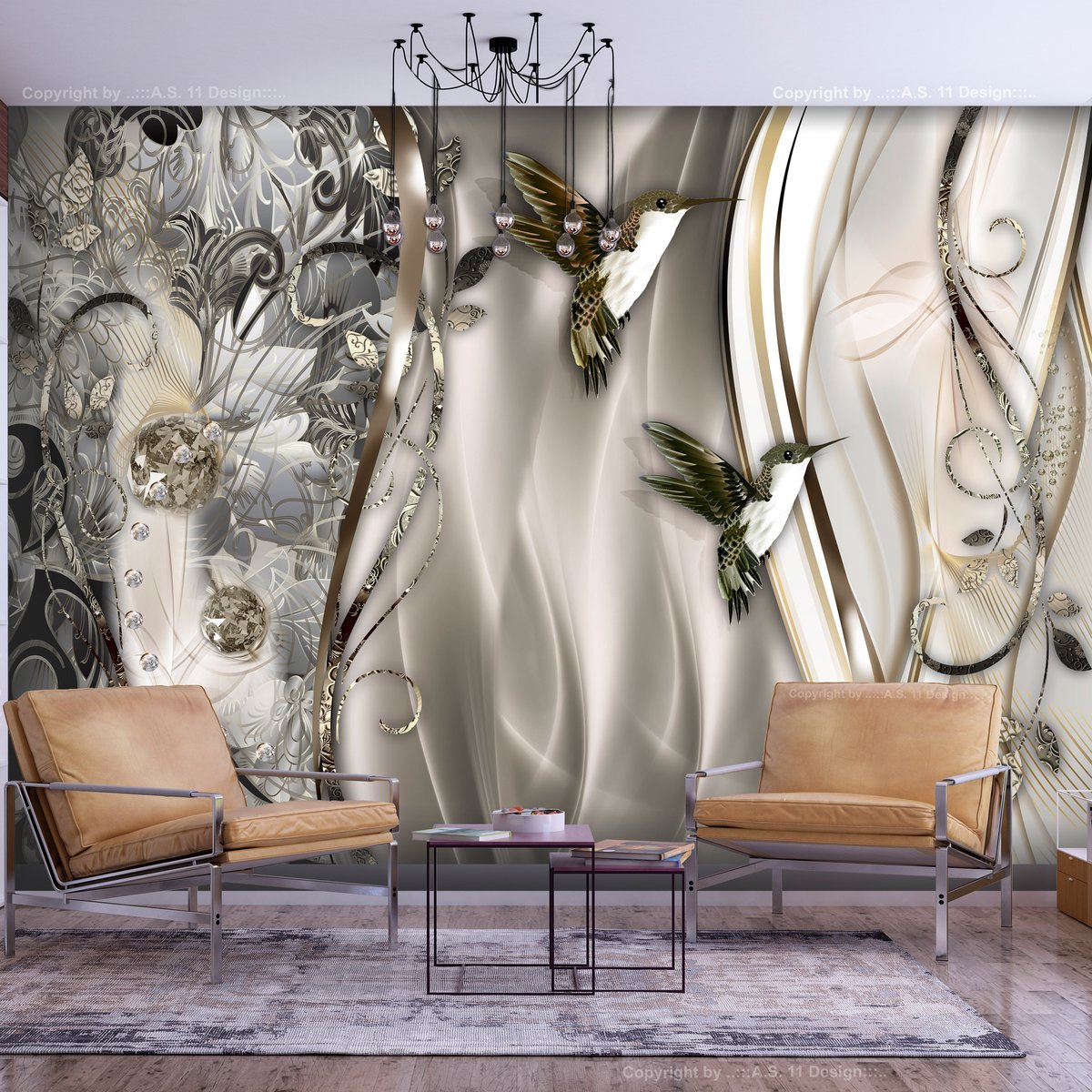 Papier peint intissé panoramique Abstractions Hummingbirds on the Wave (Brown) gris / argent, EDEN