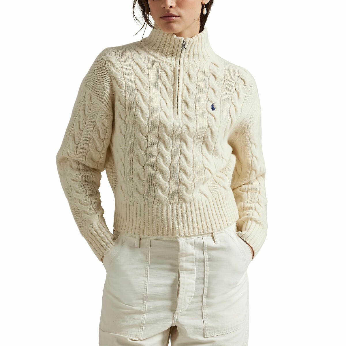 Zip-up jumber in wool and cashmere cable knit cream, POLO RALPH LAUREN
