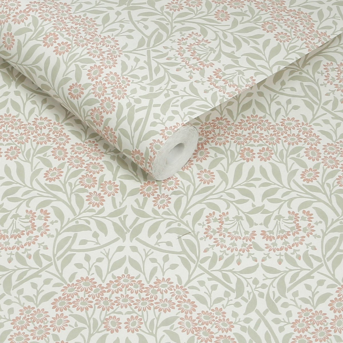 Papier peint fleuri Michaelmas Daisy Peony & Sage vert clair, corail, WILLIAM MORRIS AT HOME