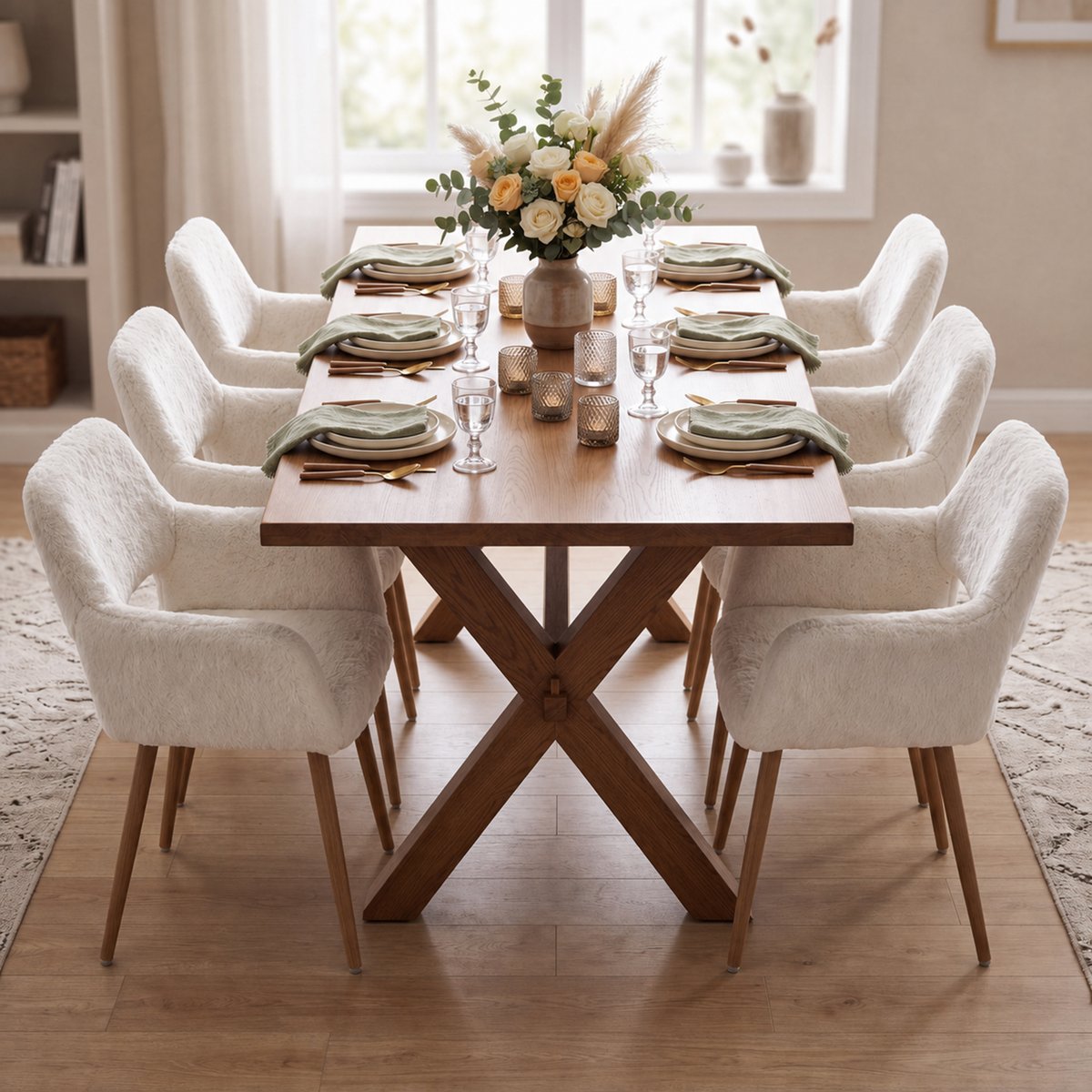 Lot de 6 chaises de salle à manger fauteuil scandinaves en tissu effet poil de lapin, CROMWELL PELUCHE blanc, MEUBLES COSY