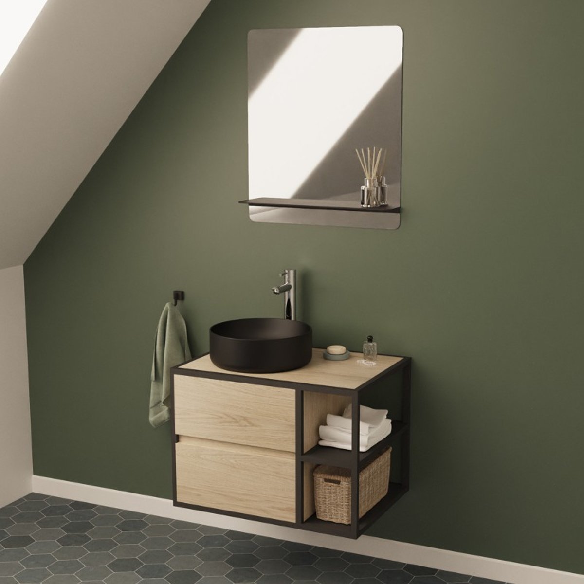 Ensemble meuble simple vasque 70 cm + vasque + miroir EDISSON chêne - ppm - mat, MOB IN