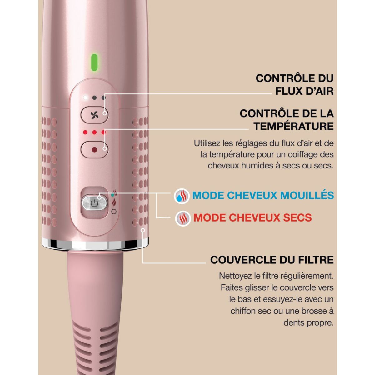Brosse soufflante GLOSSI 2-en-1 Rose Poudré couleur unique, SHARK