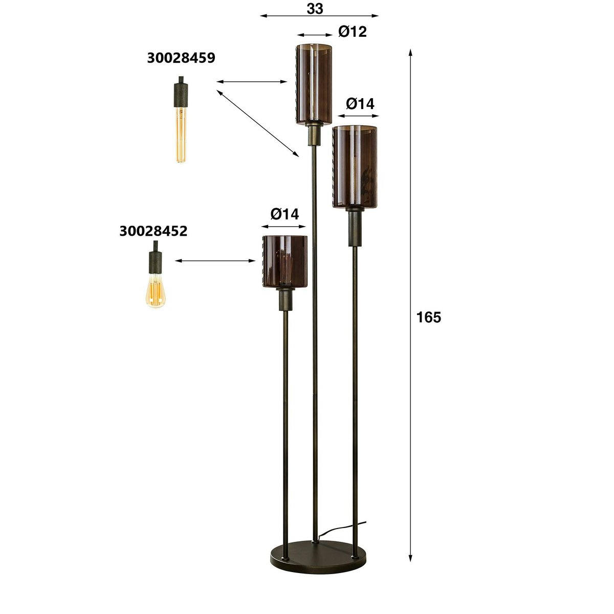 Lampadaire vintage en verre brun – 3 lampes, tiges bronze NOVA marron, PIER IMPORT