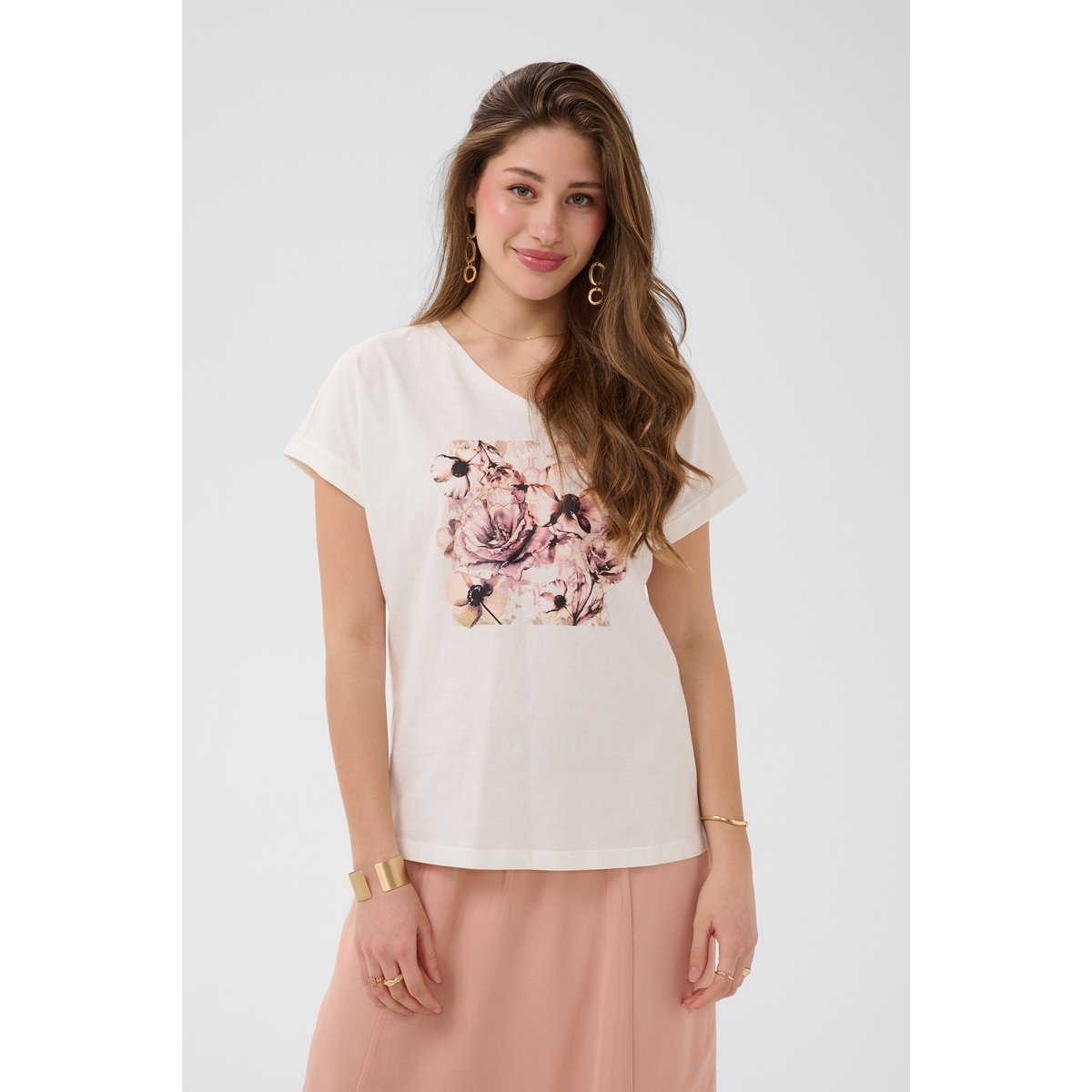 T-shirt à manches courtes beige flower collage, CREAM