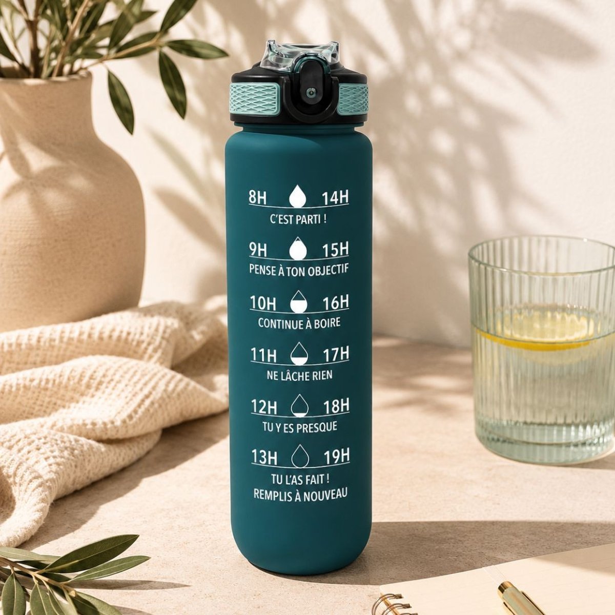 Gourde de motivation hydratation bleu vert, ARTIME