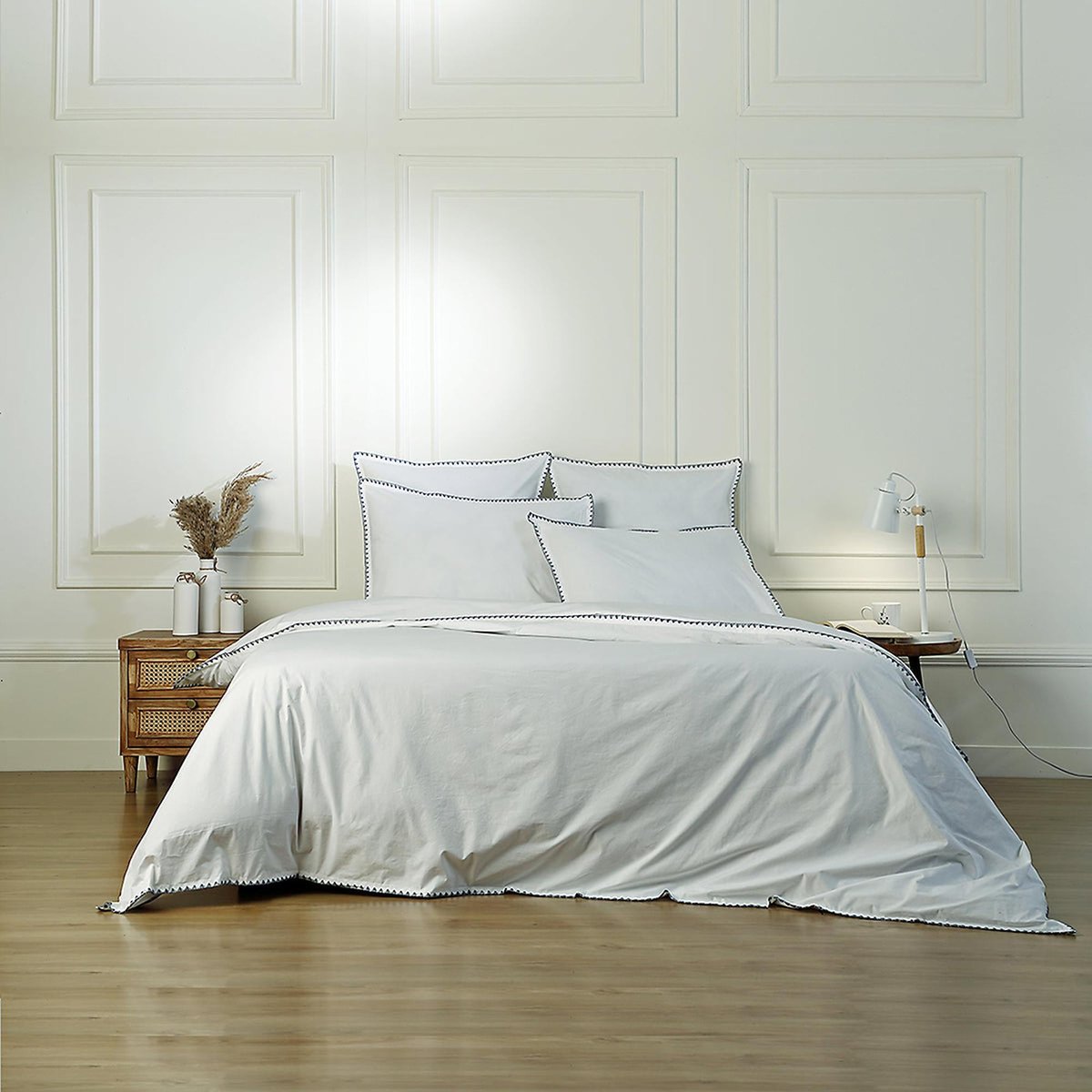 Drap plat percale de coton ZOÉ blanc / bleu denim, FEBRONIE