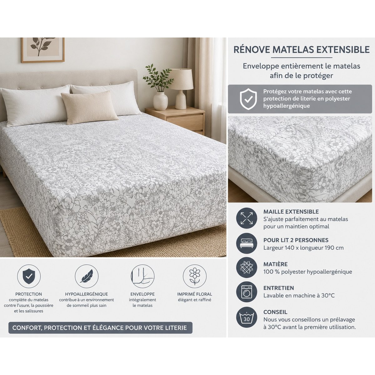 Renove matelas 140 x 190 cm Sieste gris imprimé floral, EDEN